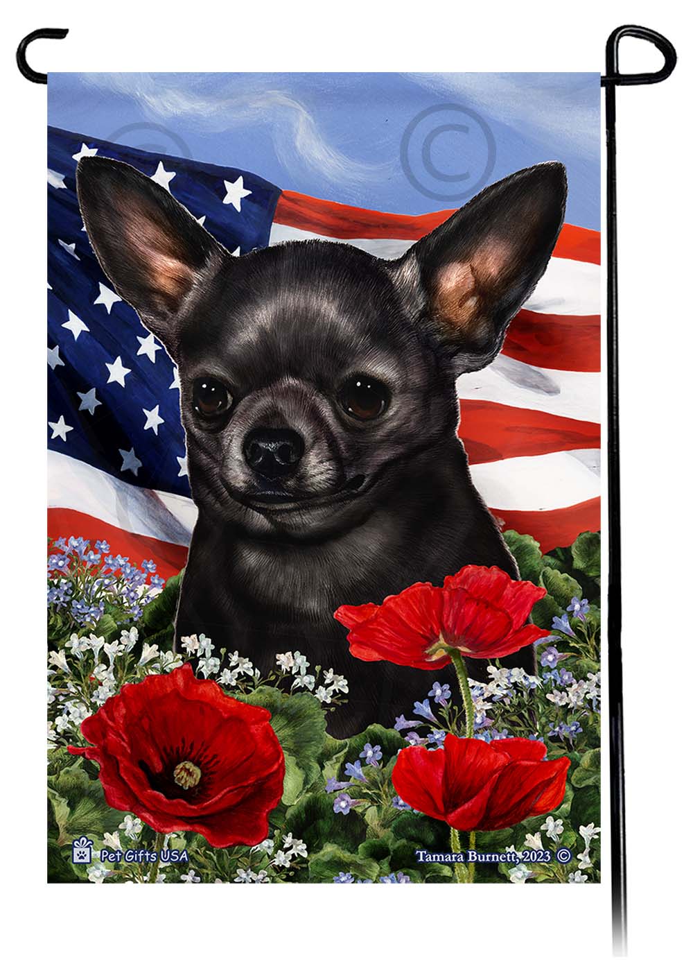 Chihuahua Short Haired Black - Patriotic Flowers Garden Flag Image