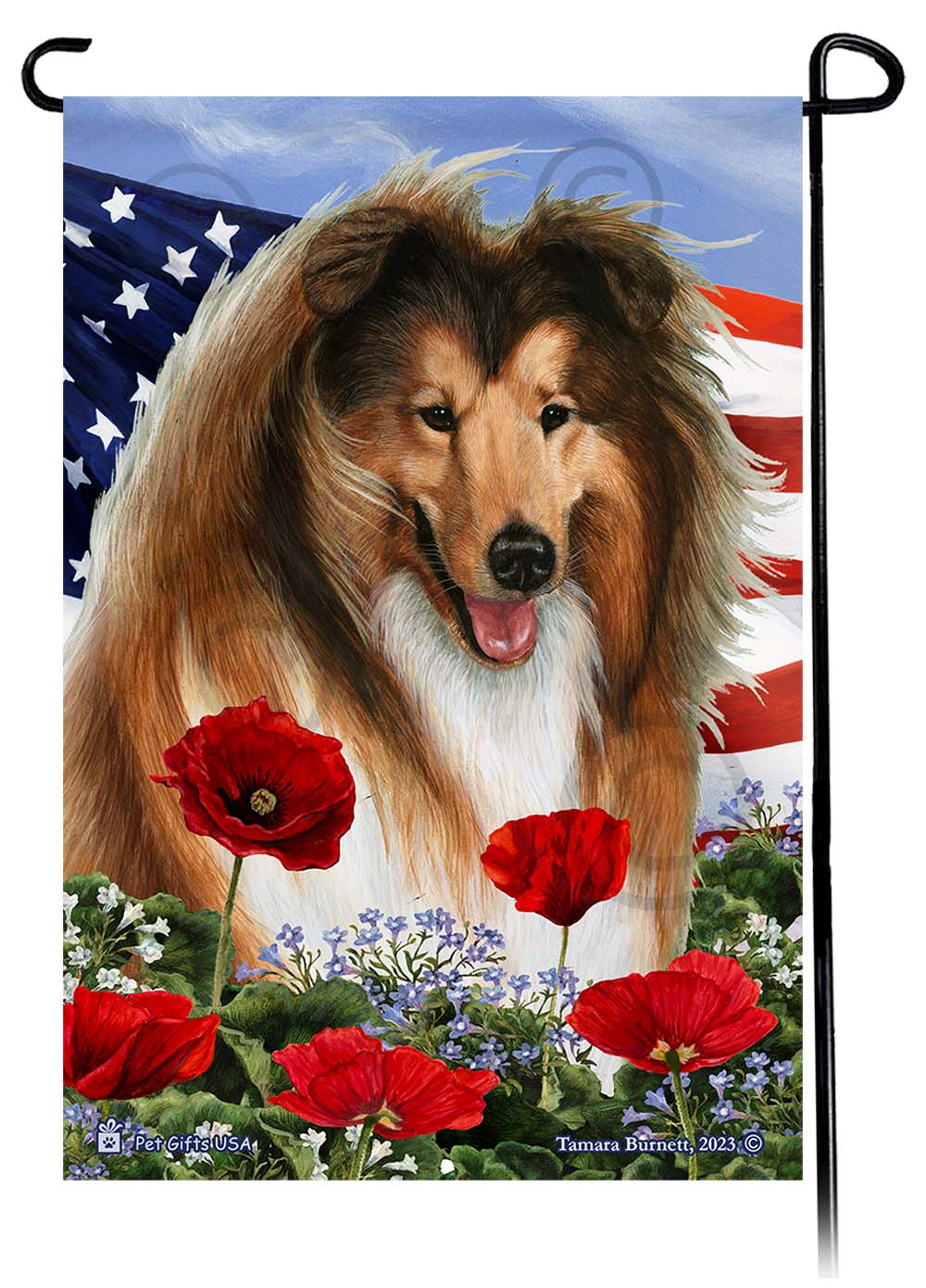 Collie Sable - Patriotic Flowers Garden Flag Image