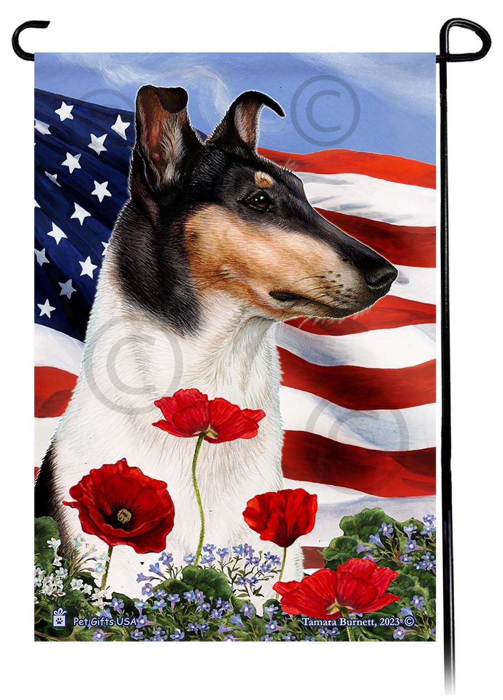 Smooth Collie Tri-Color - Patriotic Flowers Garden Flag image