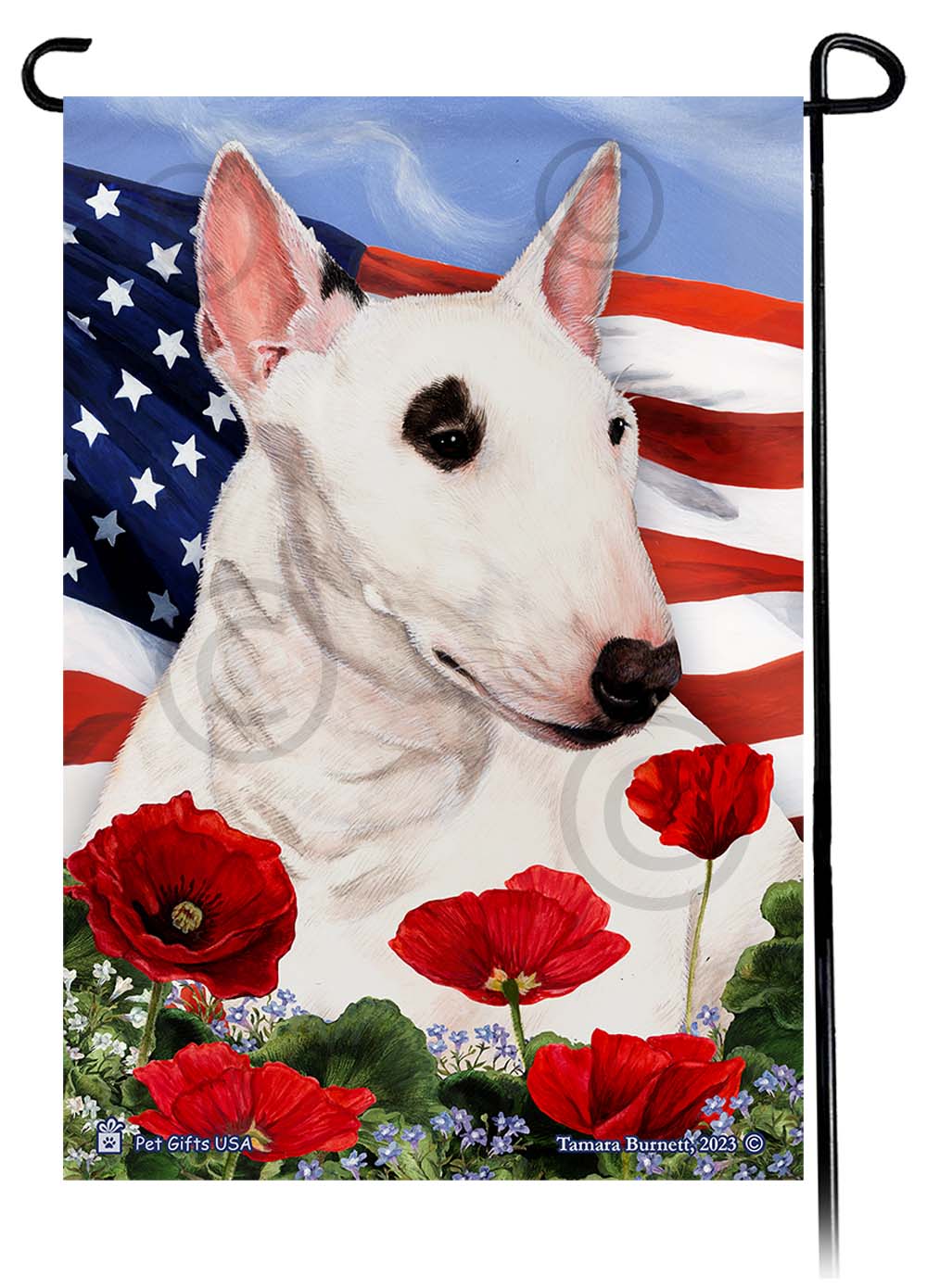 Bull Terrier Mini White - Patriotic Flowers Garden Flag Image