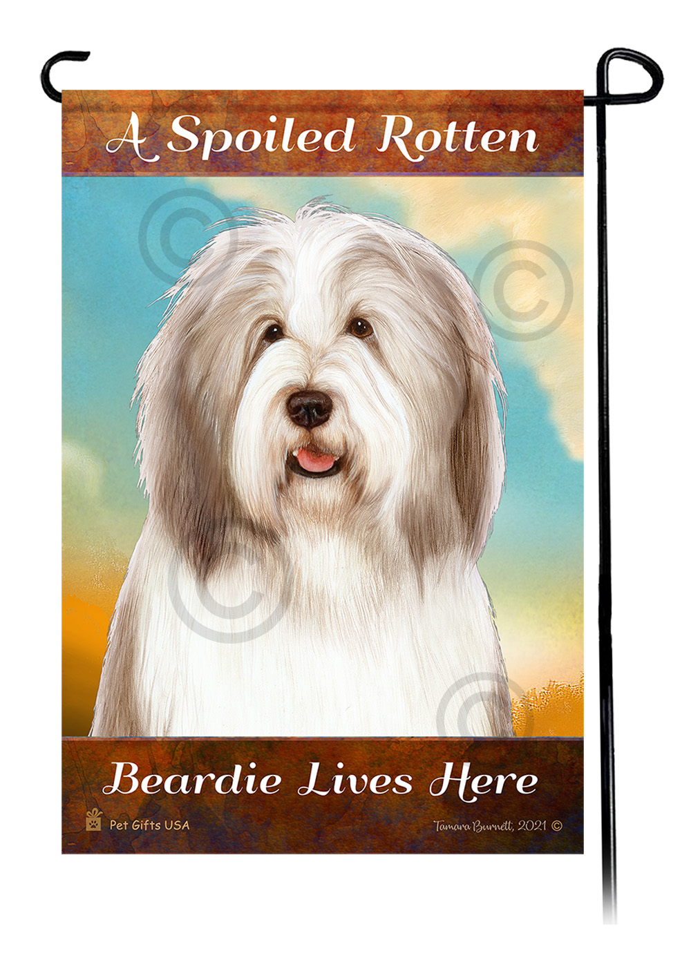 A Spoiled Rotten Bearded Collie Light Liver and White Lives Here - Garden Flag image