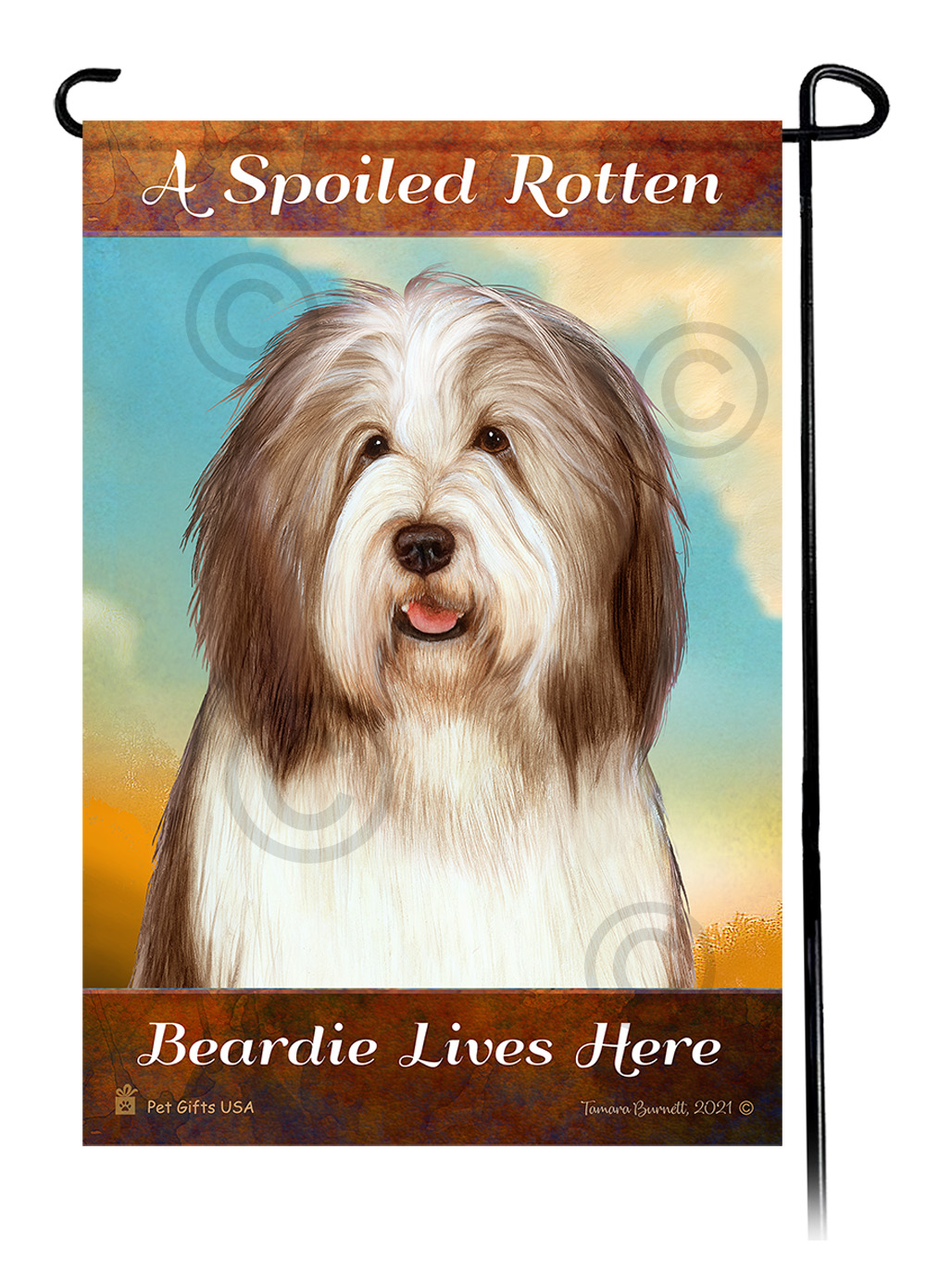 A Spoiled Rotten Bearded Collie Dark Liver and White Lives Here - Garden Flag image