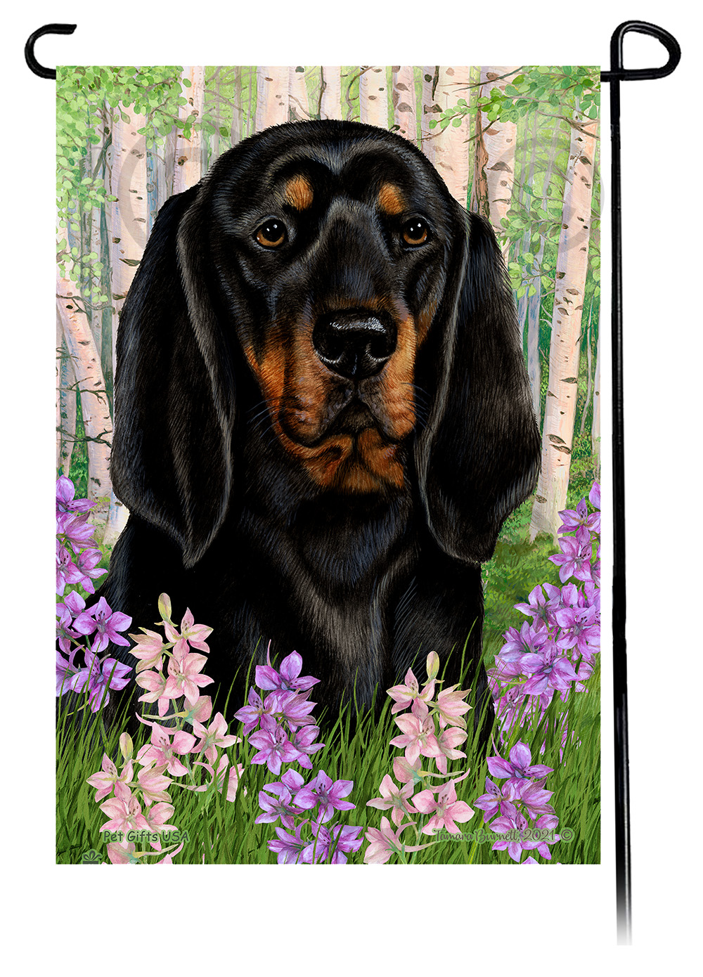 Coonhound Black & Tan Spring Flowers Flag image