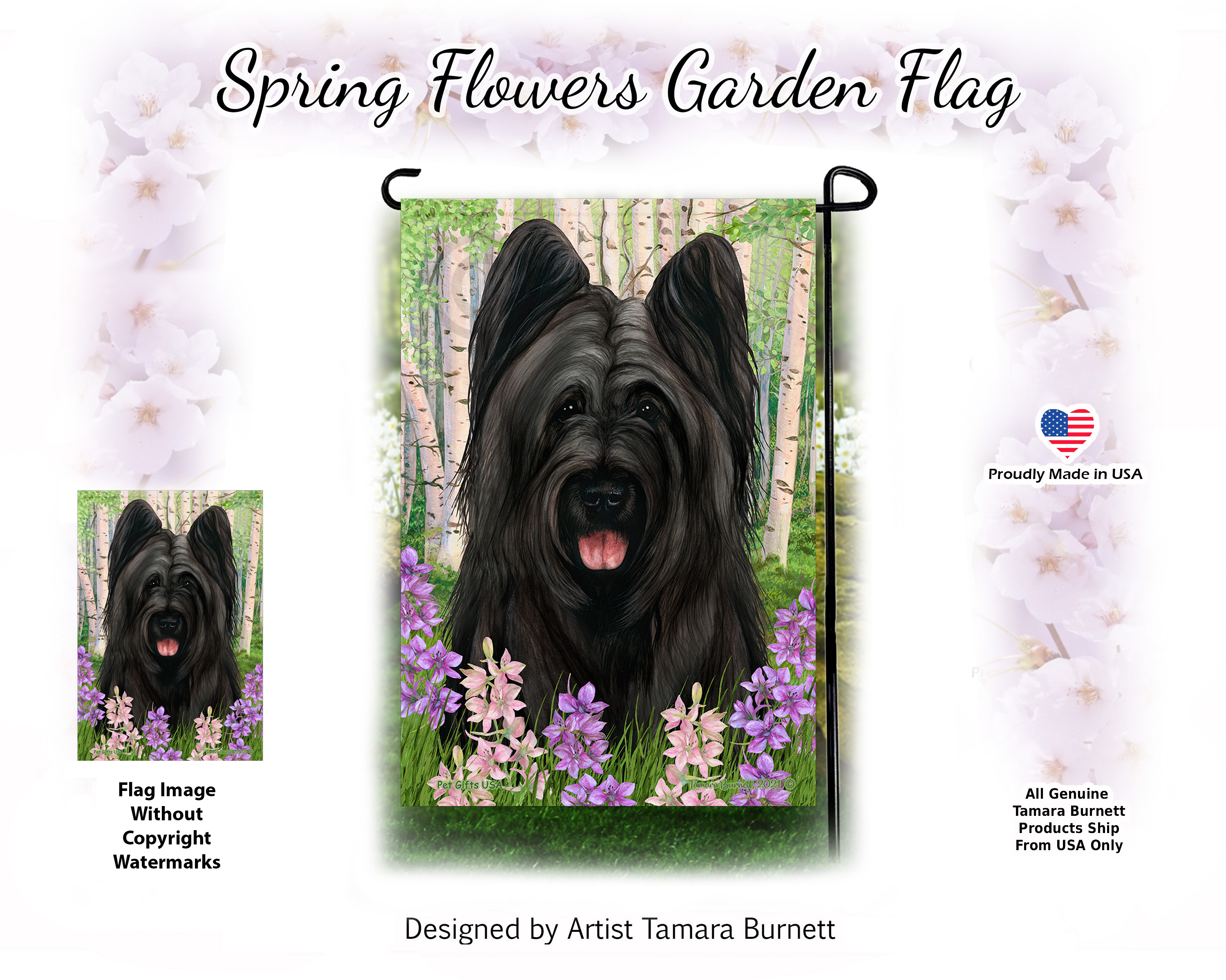 Briard Black Cropped Ears Spring Flowers - Garden Flag image