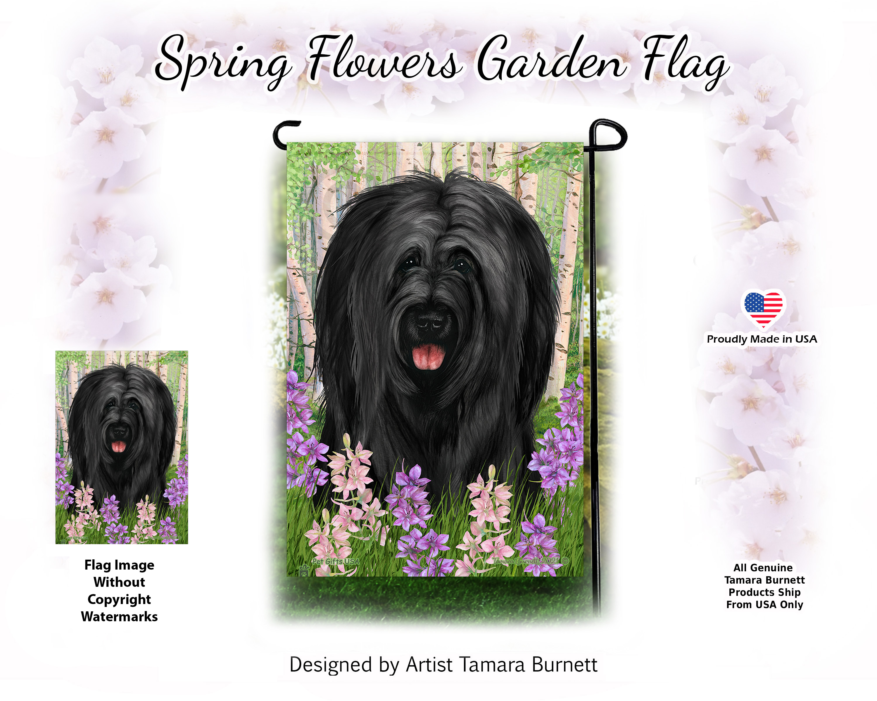 Briard Black Uncropped Ears Spring Flowers - Garden Flag image
