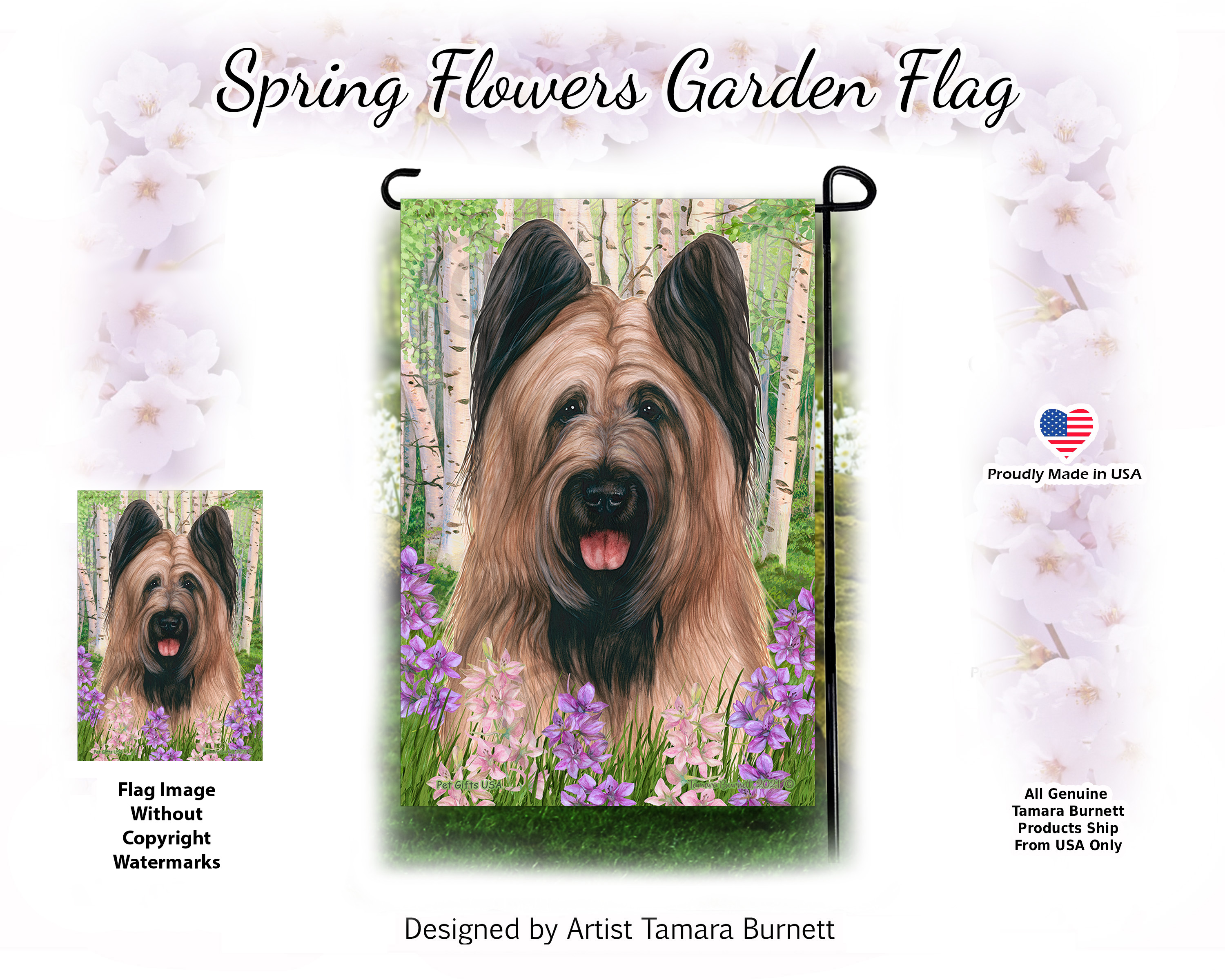 Briard Fawn Cropped Ears Spring Flowers - Garden Flag image