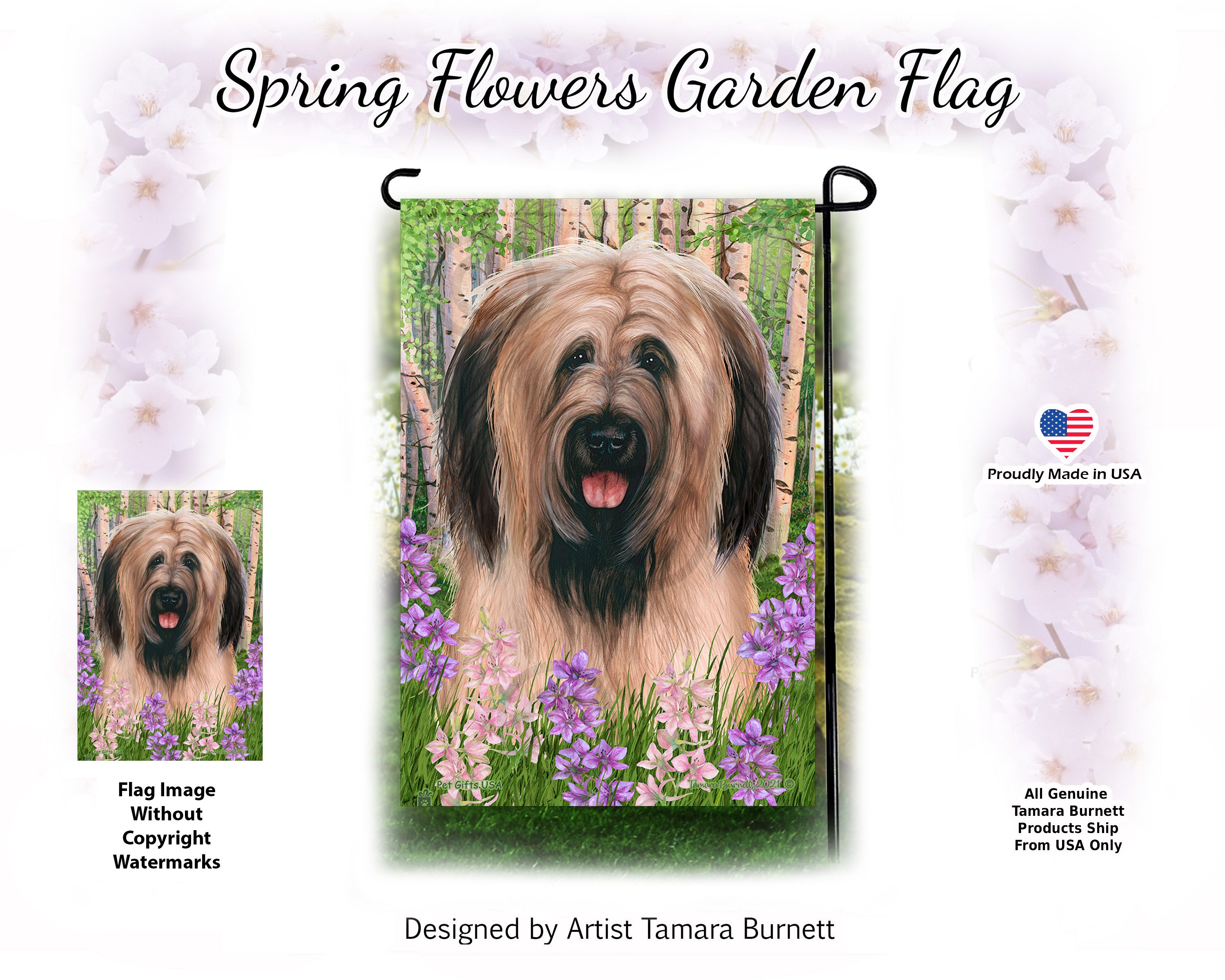 Briard Fawn Uncropped Ears Spring Flowers - Garden Flag Image