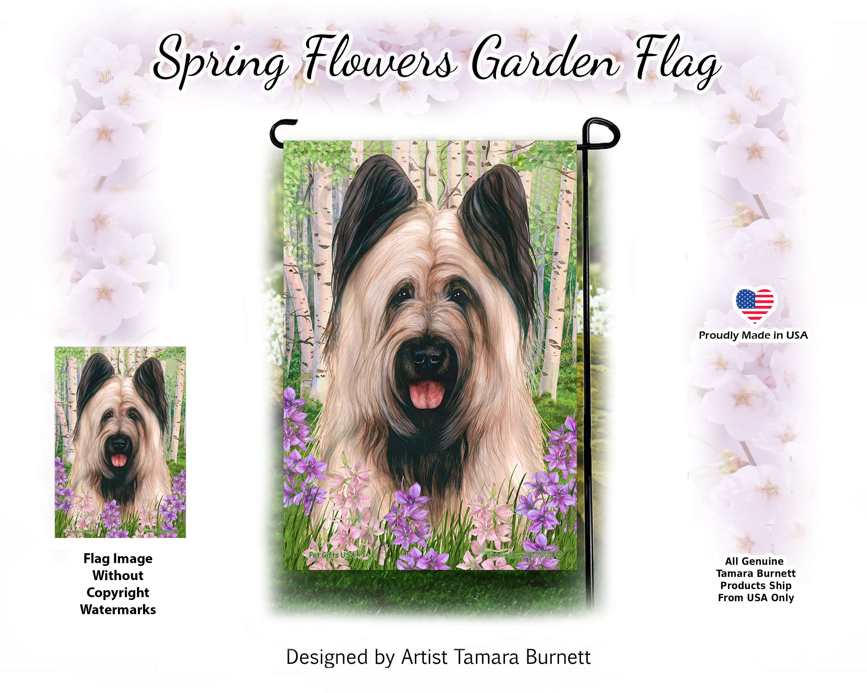 Briard Light Fawn Cropped Ears Spring Flowers - Garden Flag image