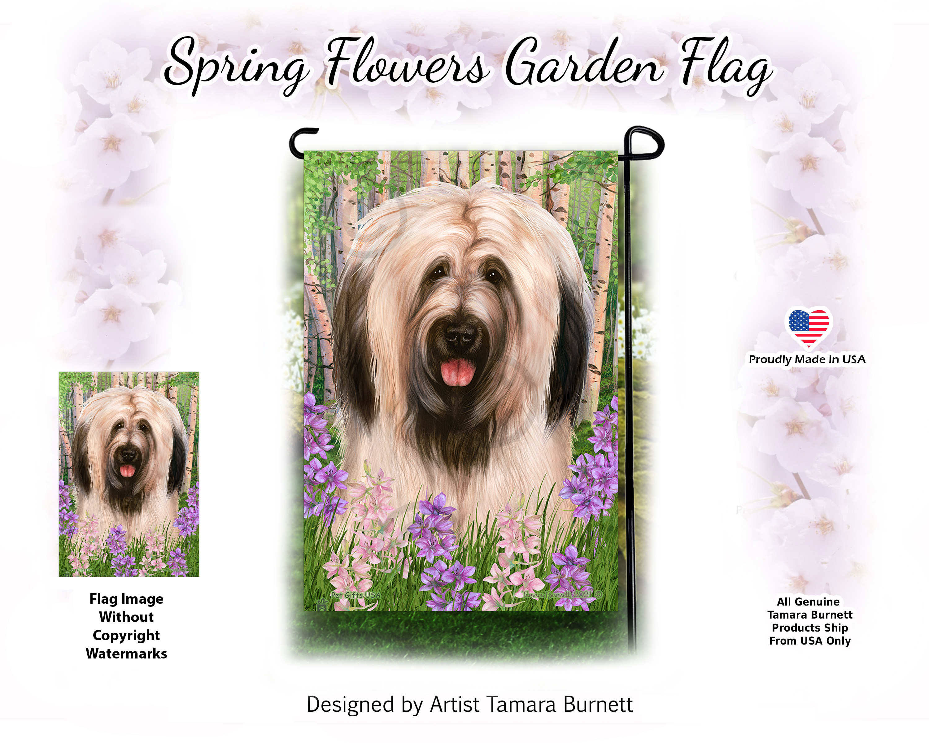 Briard Light Fawn Uncropped Ears Spring Flowers - Garden Flag Image