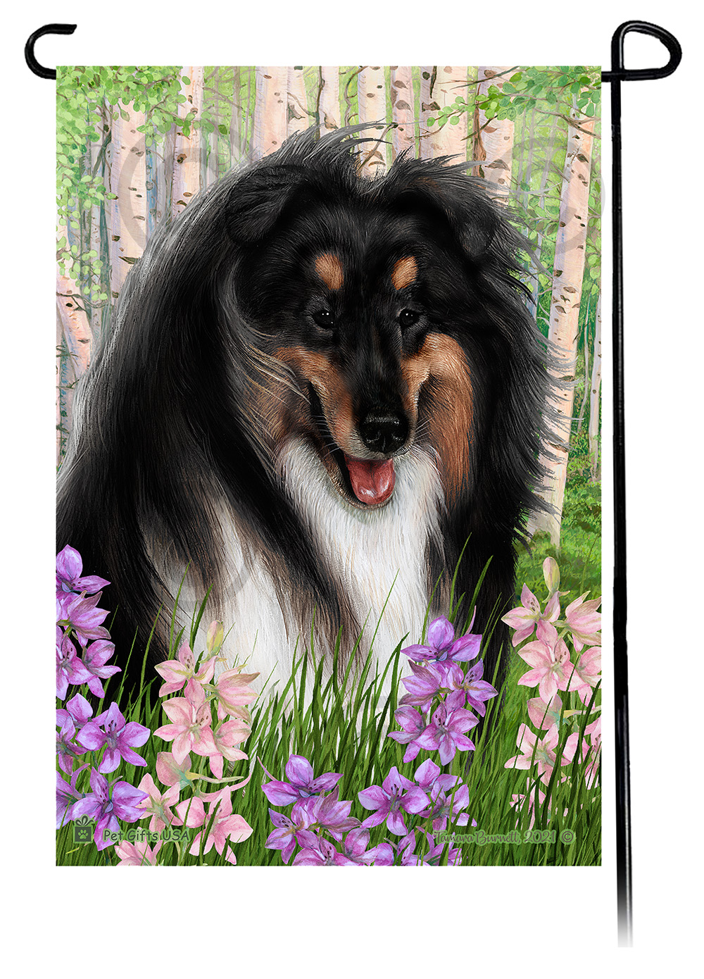 Collie Tri-Color Spring Flowers Flag image