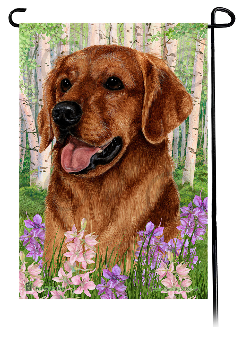 Golden Retriever Red Spring Flowers Flag image