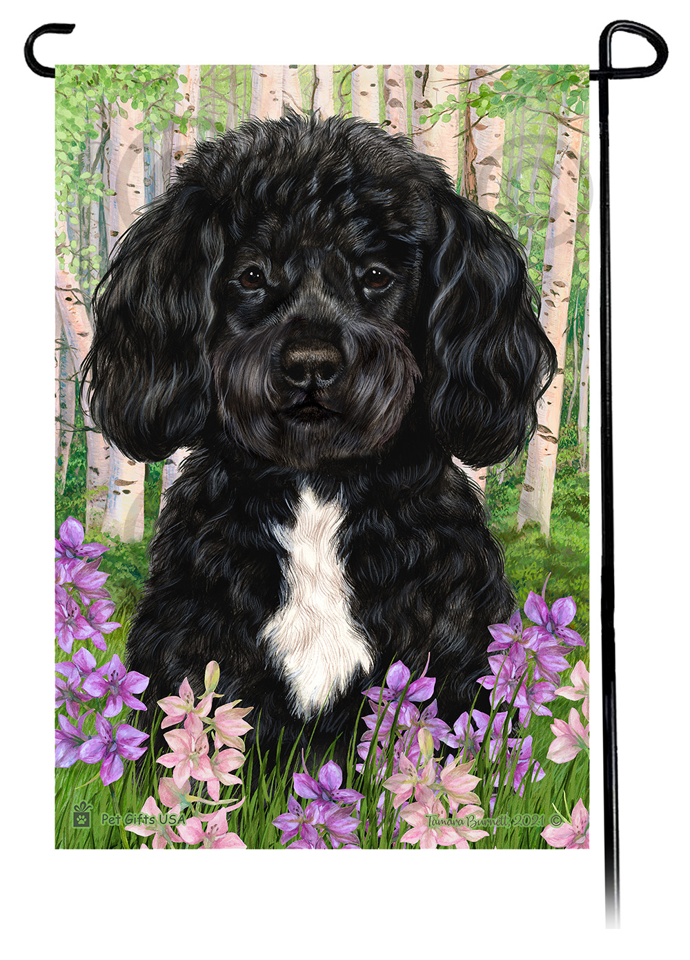 Portuguese Water Dog Black Bearded Spring Flowers Flag image