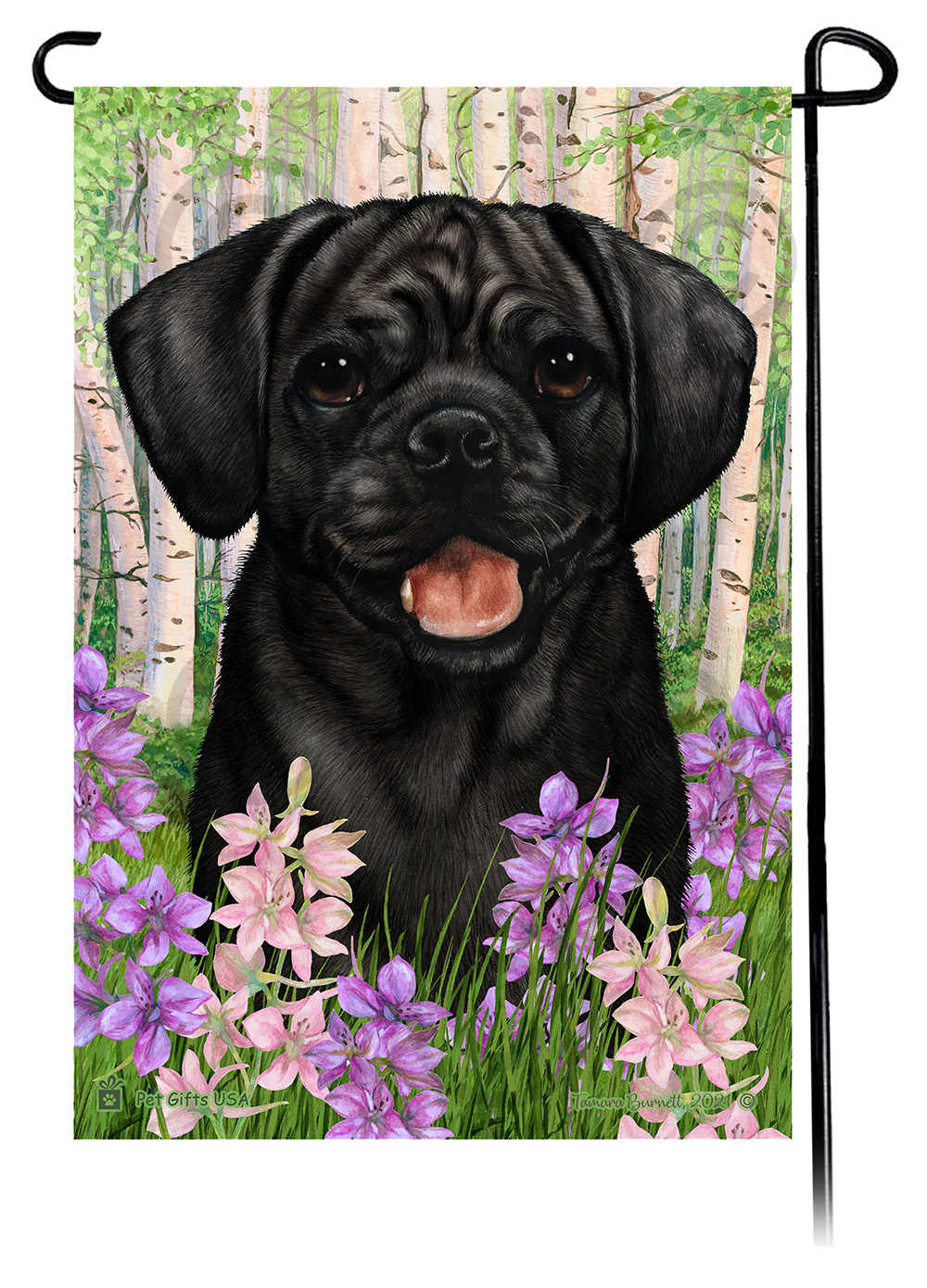 Puggle Black Spring Flowers Flag image