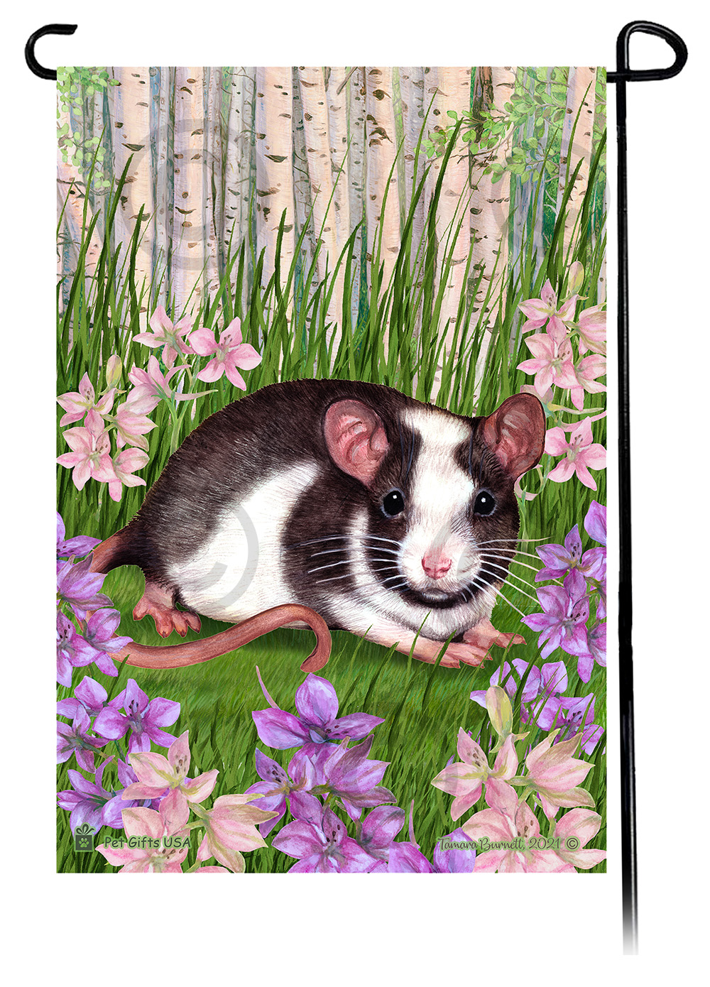 Rat Black & White Pied Spring Flowers Flag image