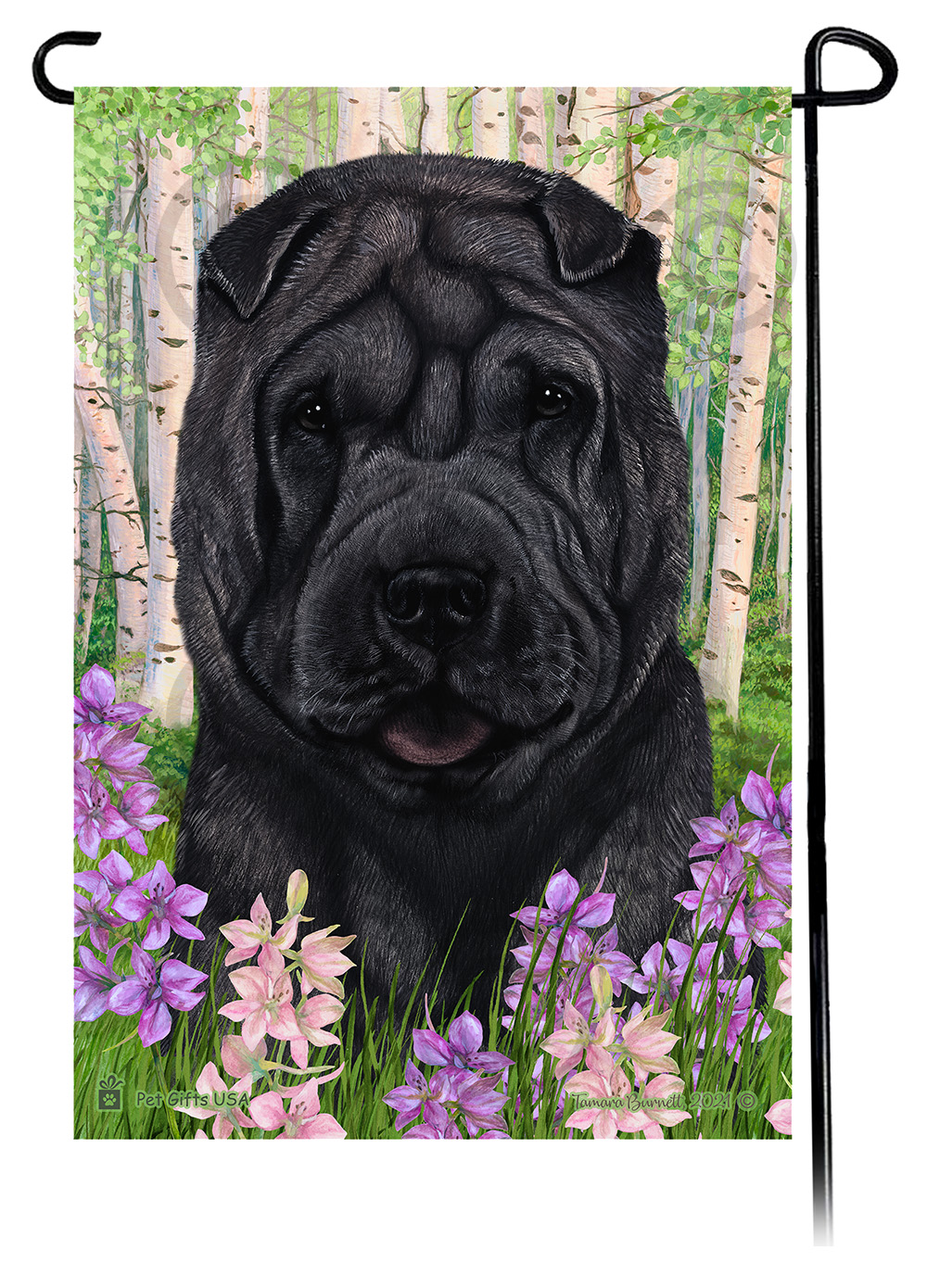 Shar Pei Black Spring Flowers Flag image