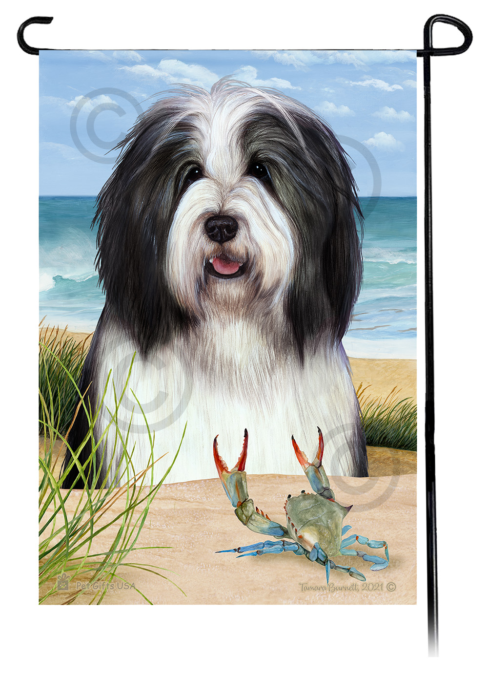 Bearded Collie Black & White Summer Beach Garden Flag image
