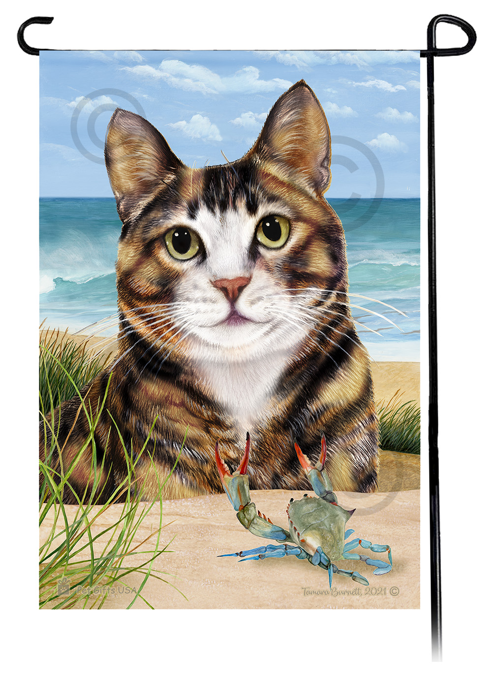 Tuxedo Tortoiseshell & White Summer Beach Garden Flag image Tuxedo Tortoiseshell & White Summer Beach Garden Flag image