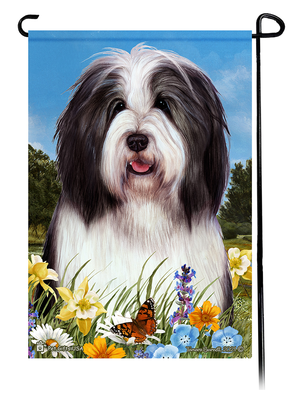 Bearded Collie Black & White Summer Flowers Garden Flag image