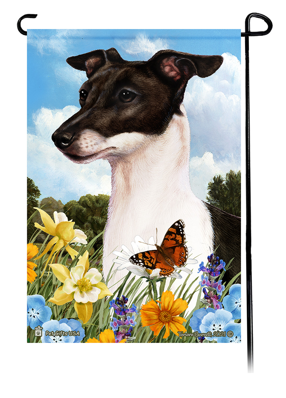 Italian Greyhound Black & White Summer Flowers Garden Flag image