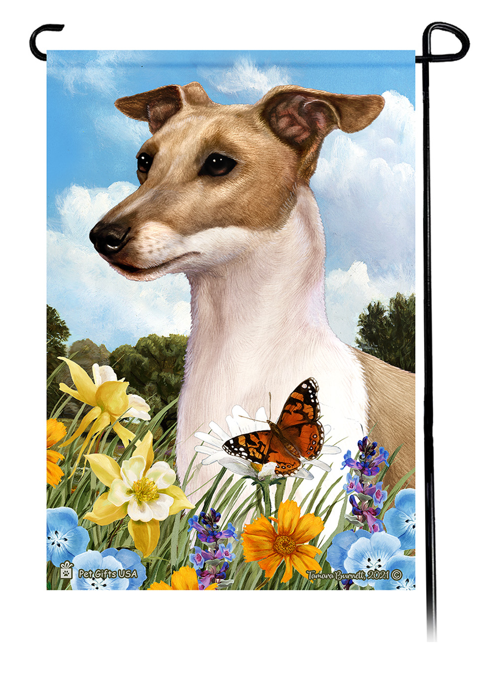 Italian Greyhound Fawn & White Summer Flowers Garden Flag image