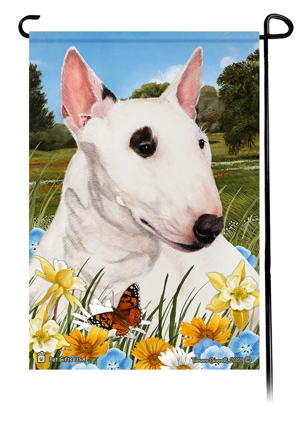Bull Terrier Mini White Summer Flowers Garden Flag Image