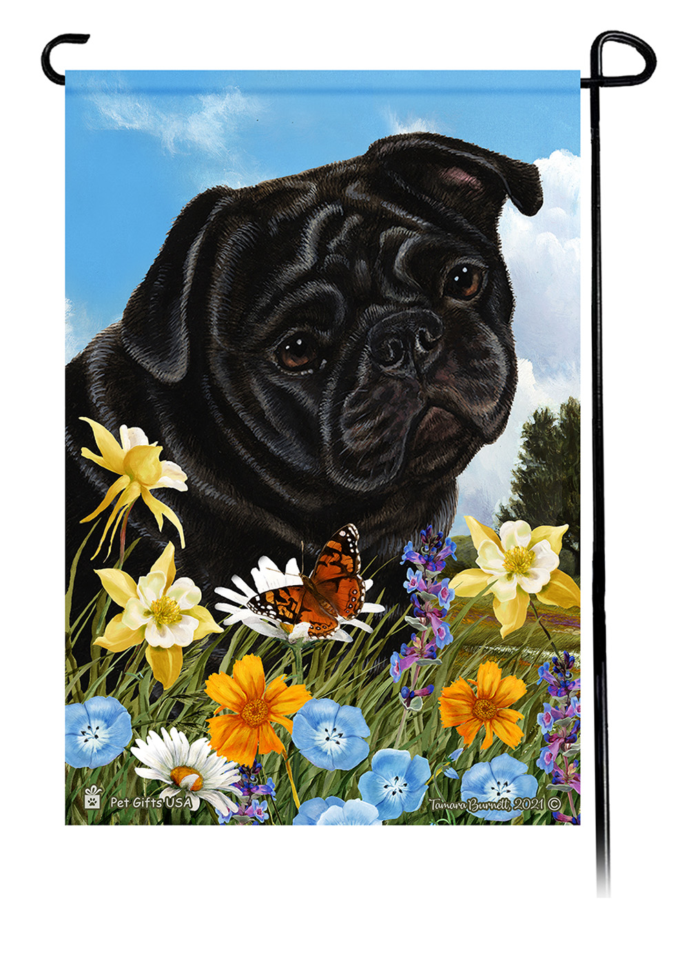 Pug Black Summer Flowers Garden Flag image