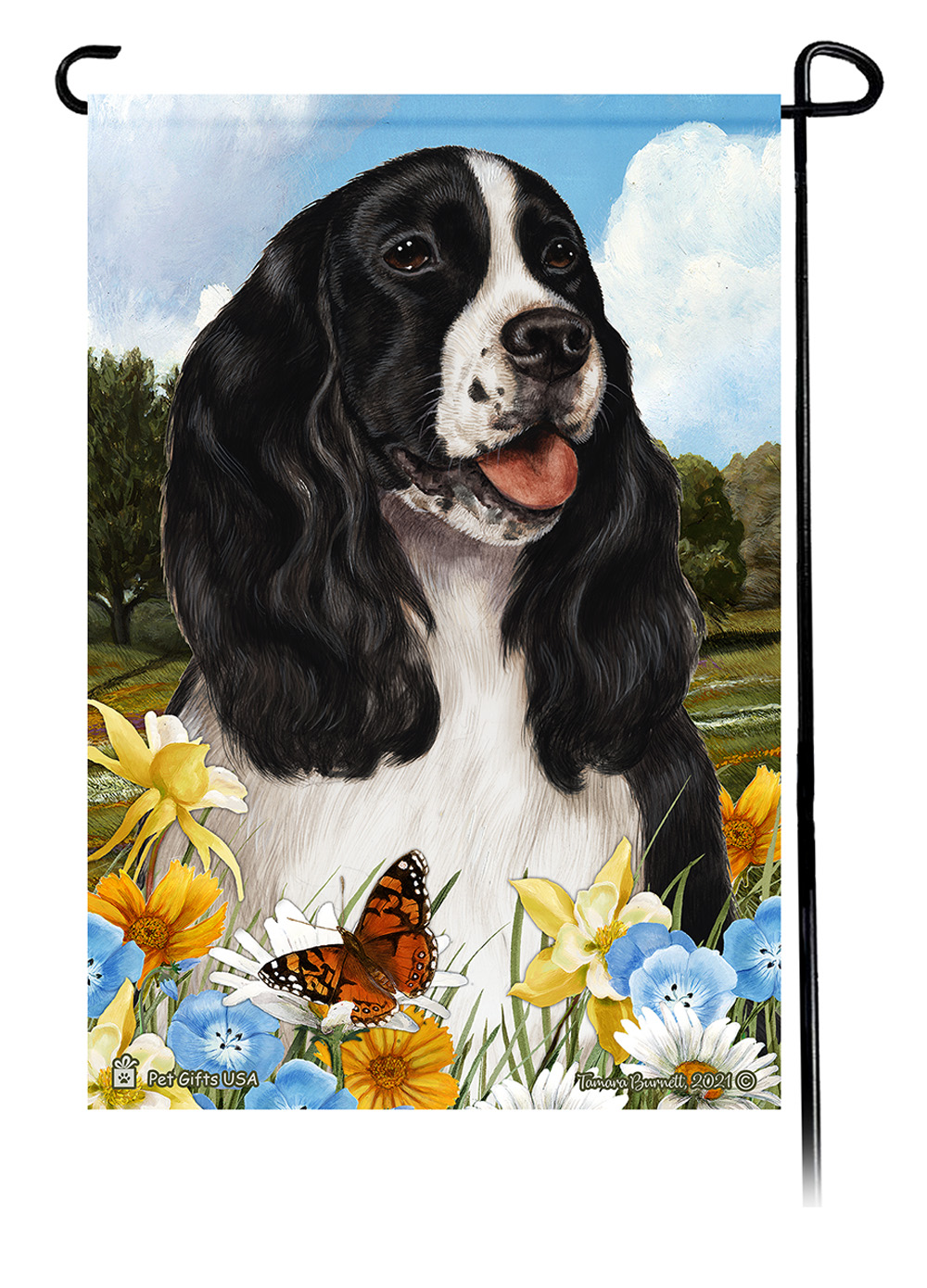 Springer Spaniel Black & White Summer Flowers Garden Flag image