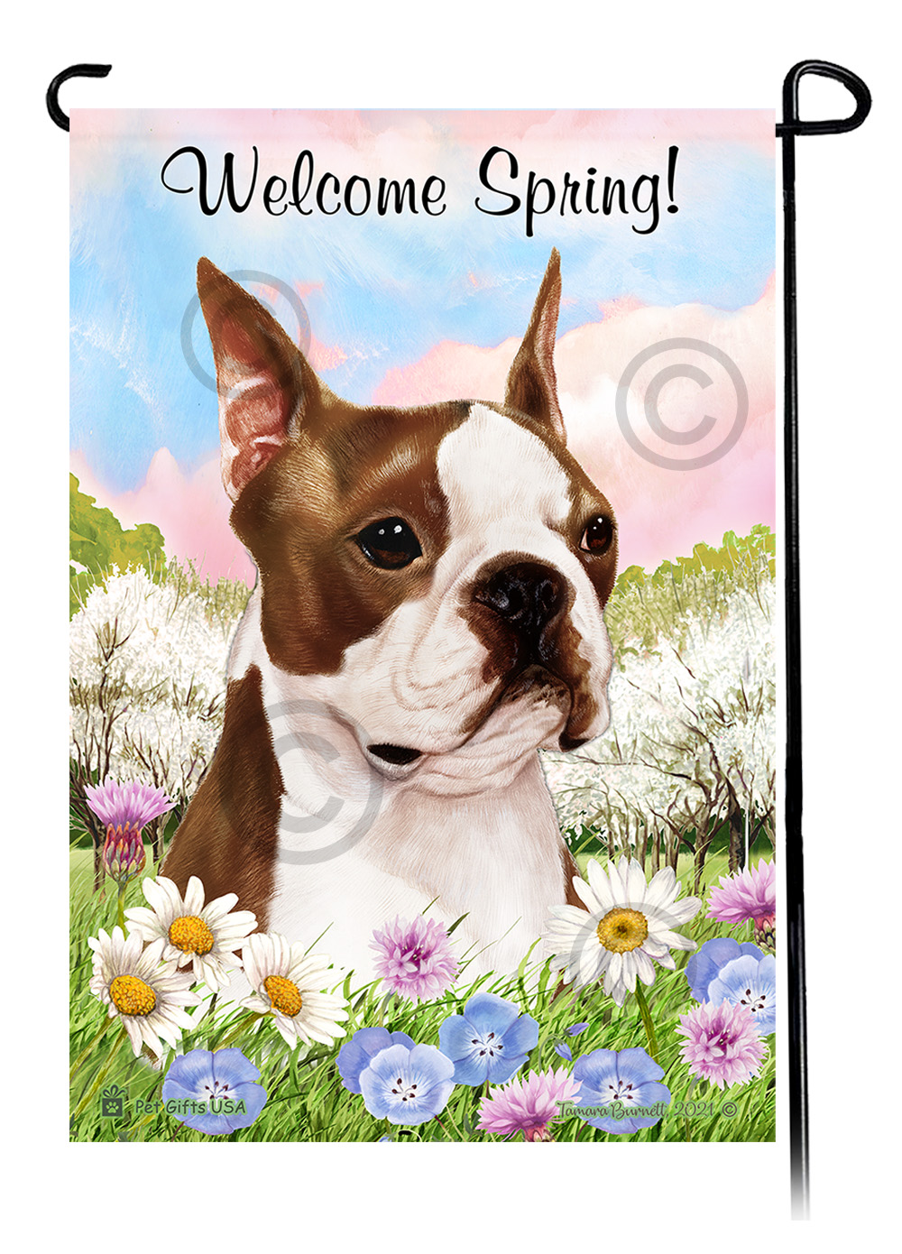 Boston Terrier Brown and White - Welcome Spring Garden Flag image