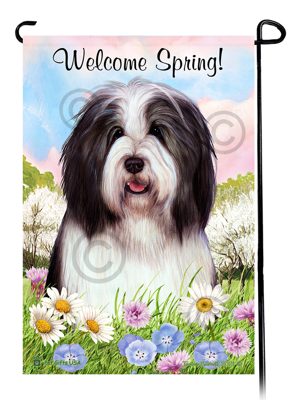 Bearded Collie Black and White - Welcome Spring Garden Flag image