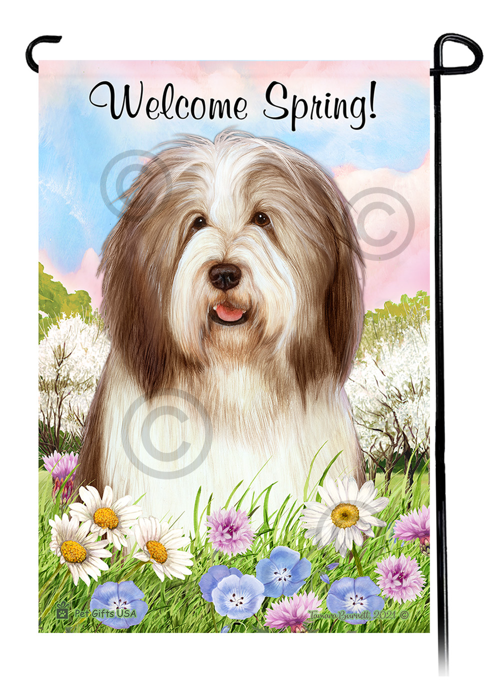 Bearded Collie Dark Liver and White - Welcome Spring Garden Flag image