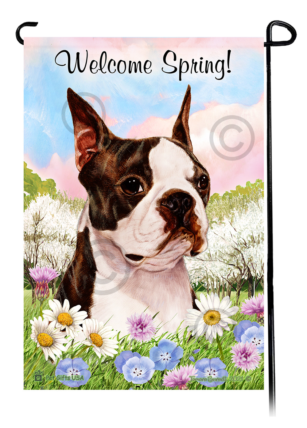 Boston Terrier Brindle and White - Welcome Spring Garden Flag image