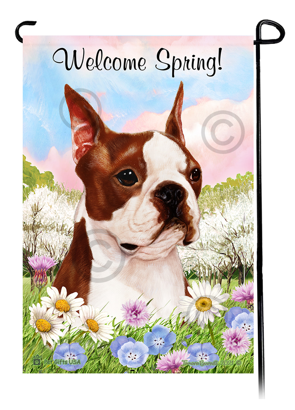 Boston Terrier Red and White - Welcome Spring Garden Flag image