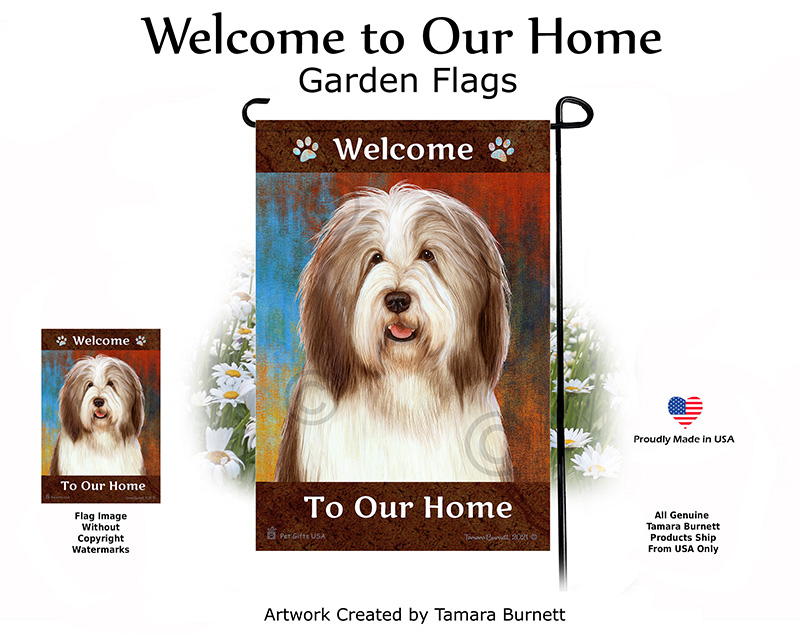 Bearded Collie Dark Liver/White Welcome To Our Home - Garden Flag image