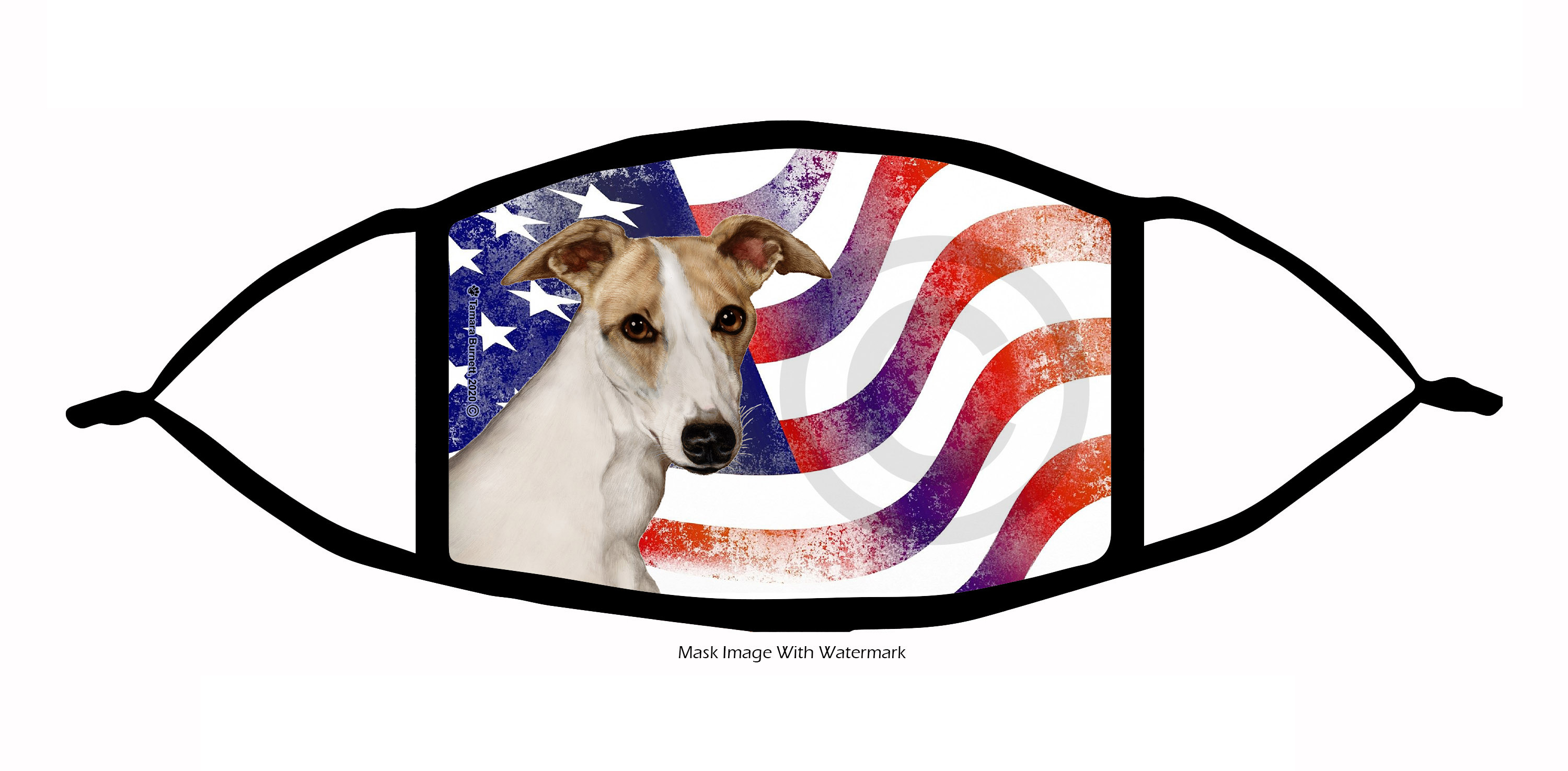 Whippet (Tan and White) Brindle Patriotic Pups Cloth Face Mask Image