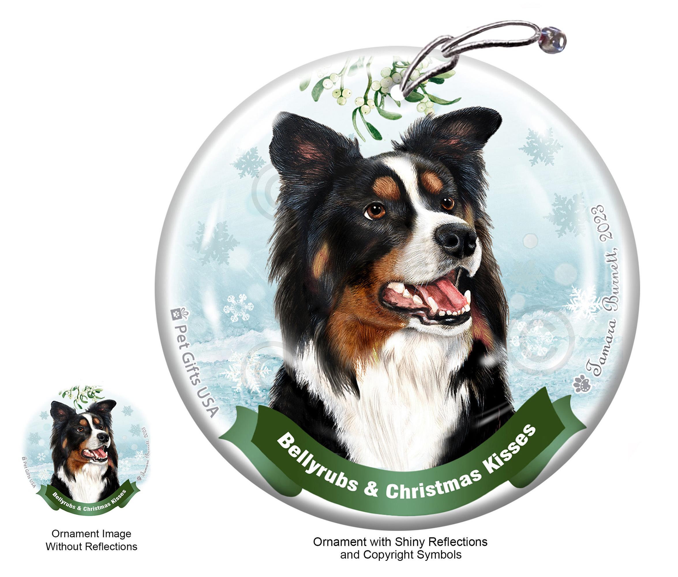 Border Collie Tri-Color Belly Rubs and Christmas Kisses Ornament image