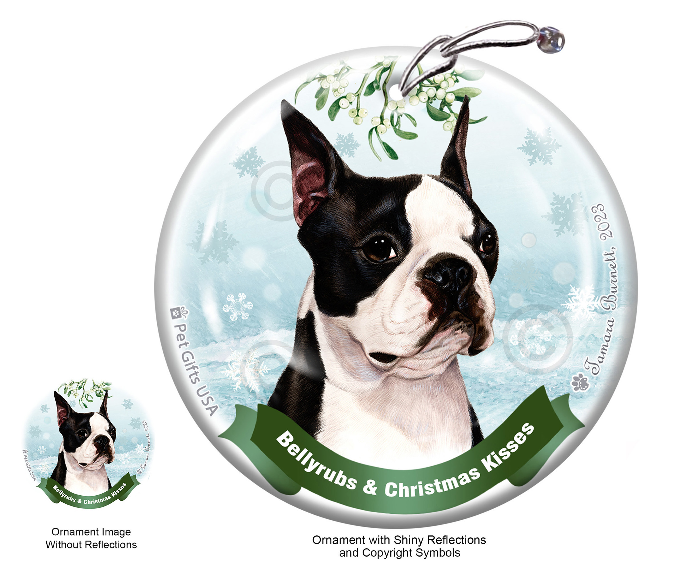 Boston Terrier Belly Rubs and Christmas Kisses Ornament image