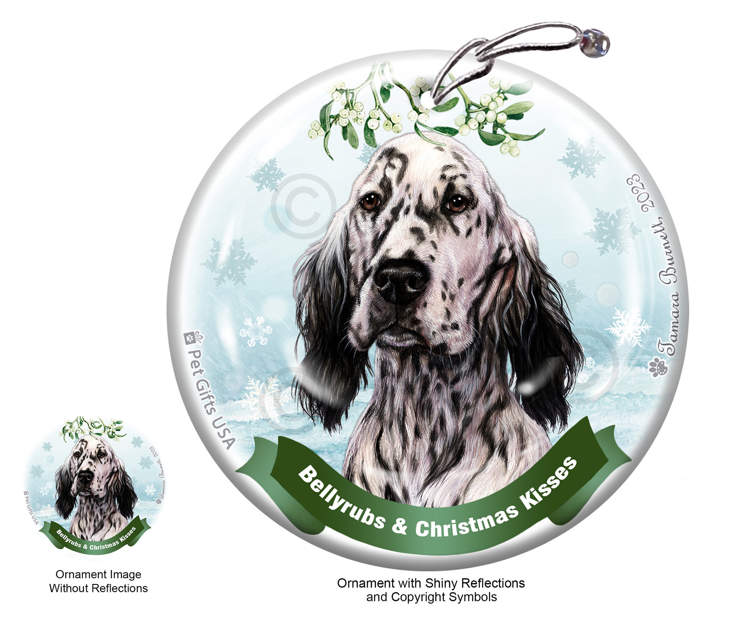 English Setter Black and White Belly Rubs and Christmas Kisses Ornament image