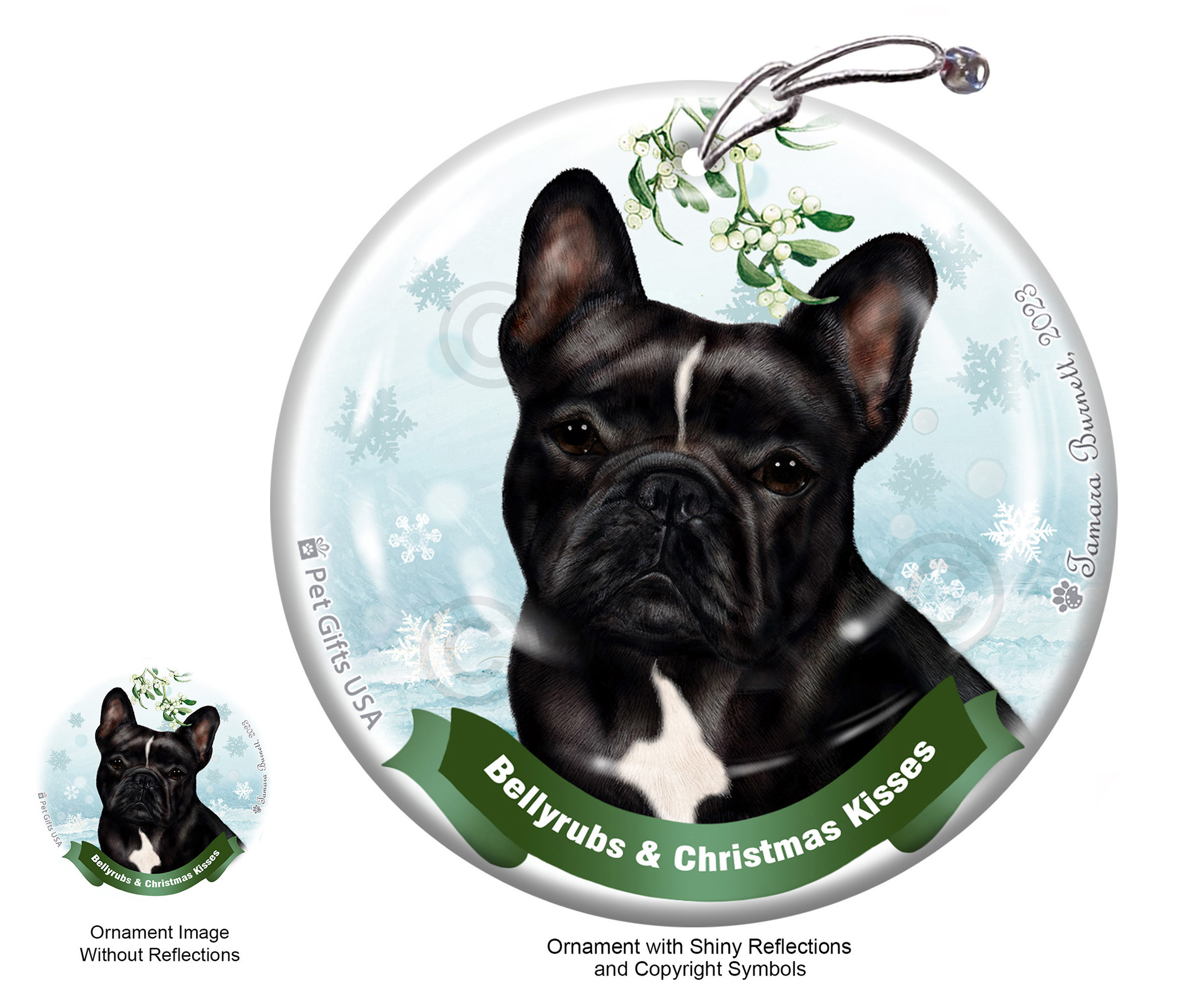 French Bulldog Black and White Belly Rubs and Christmas Kisses Ornament image