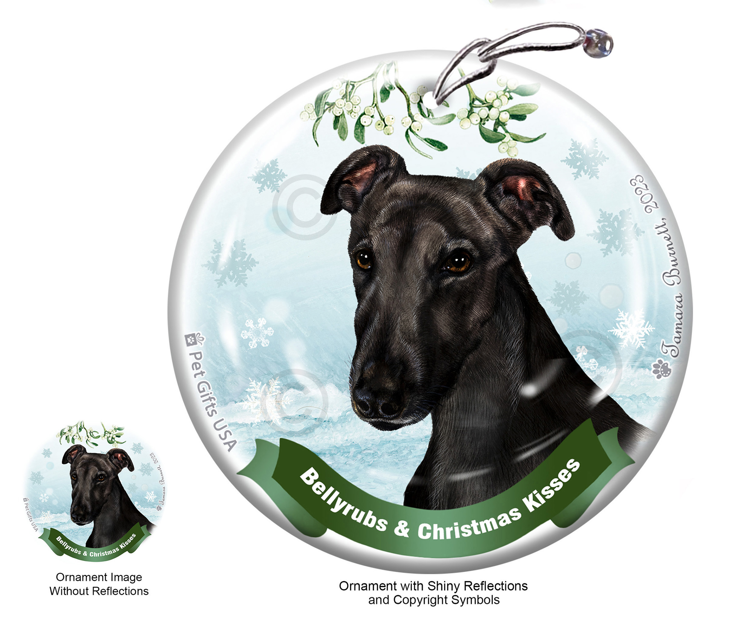 Greyhound Black Belly Rubs and Christmas Kisses Ornament image