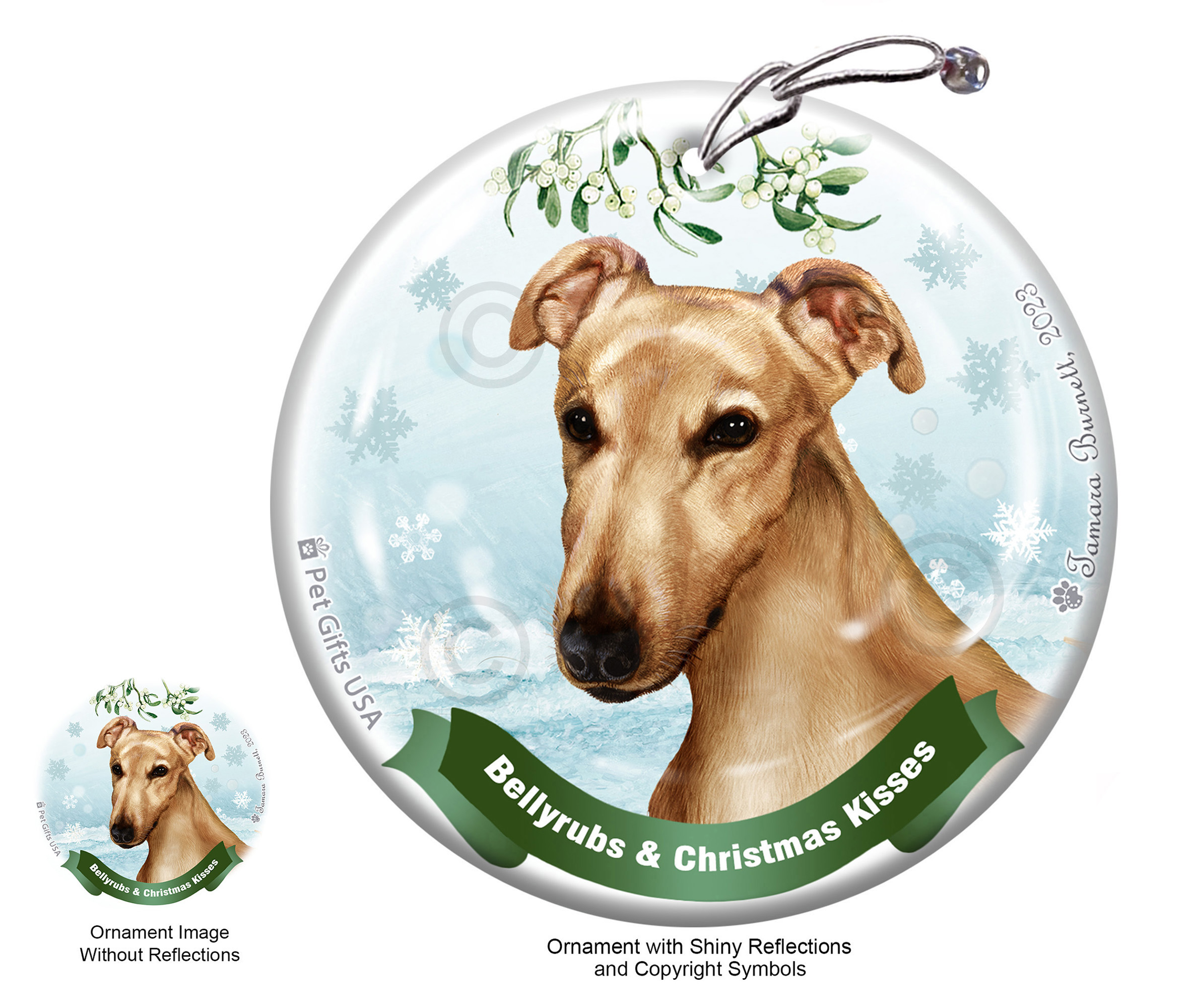 Greyhound Cream Belly Rubs and Christmas Kisses Ornament image