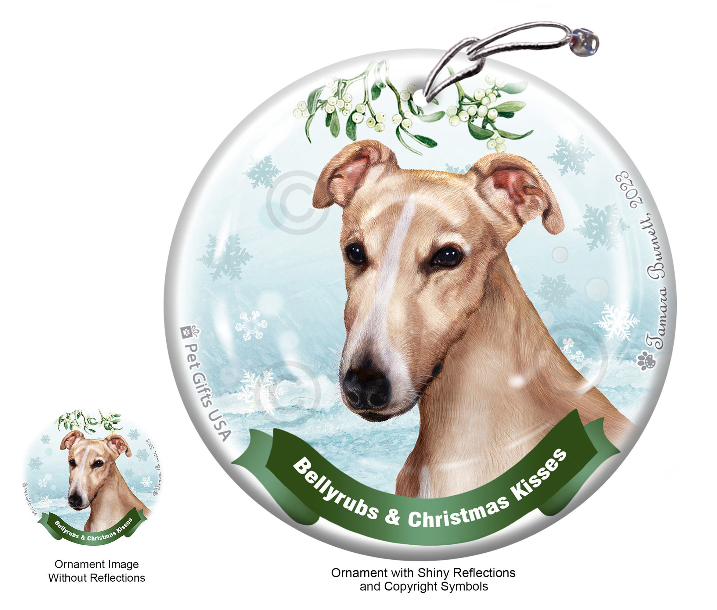 Greyhound Cream and White Belly Rubs and Christmas Kisses Ornament image