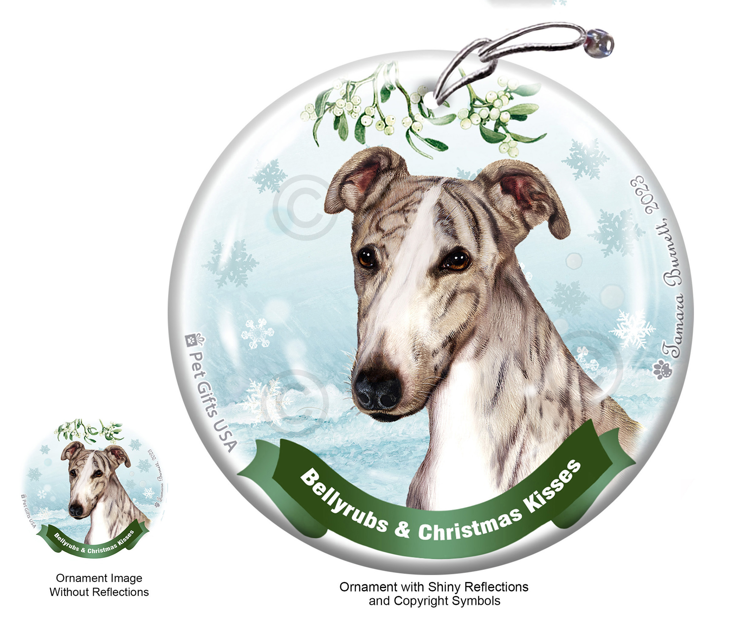 Greyhound Fawn Brindle Belly Rubs and Christmas Kisses Ornament image