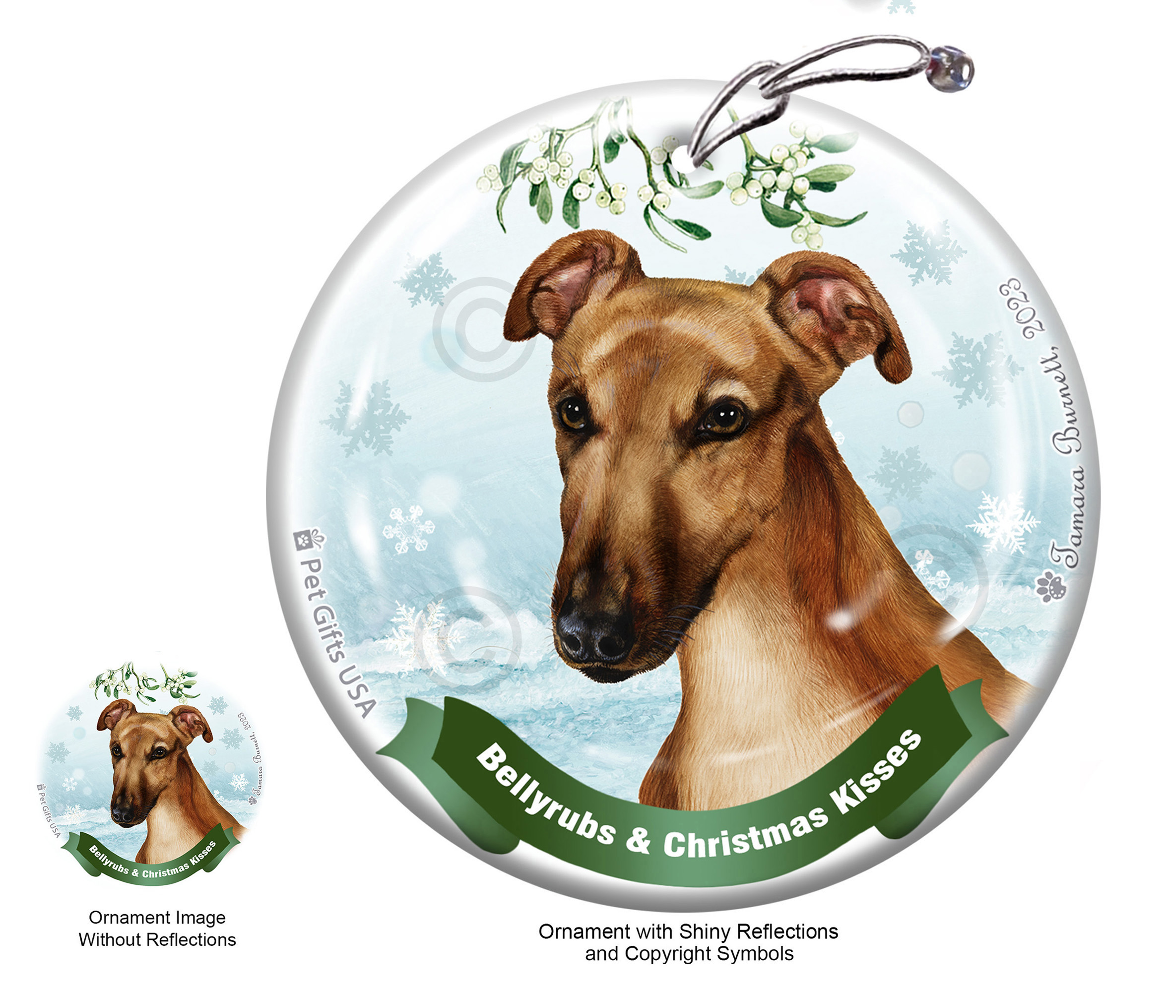 Greyhound Fawn with Mask Belly Rubs and Christmas Kisses Ornament image