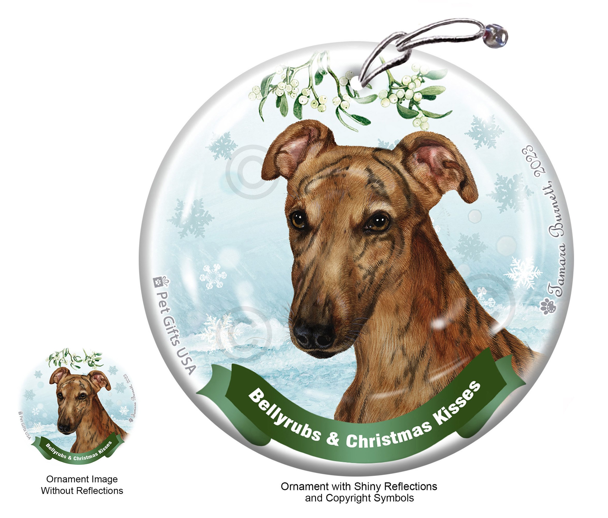 Greyhound Red Brindle Belly Rubs and Christmas Kisses Ornament image