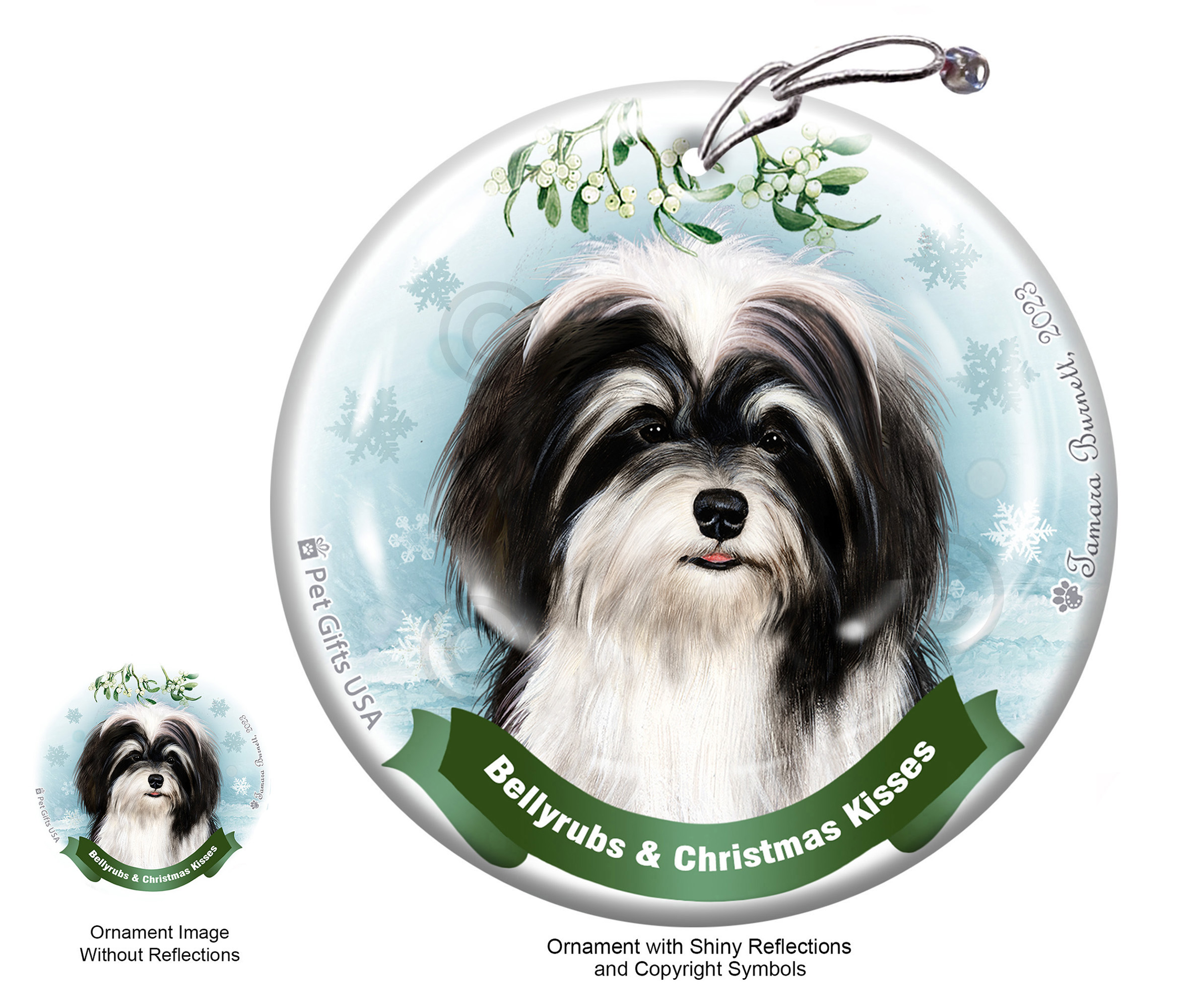 Havanese Black and White Belly Rubs and Christmas Kisses Ornament image