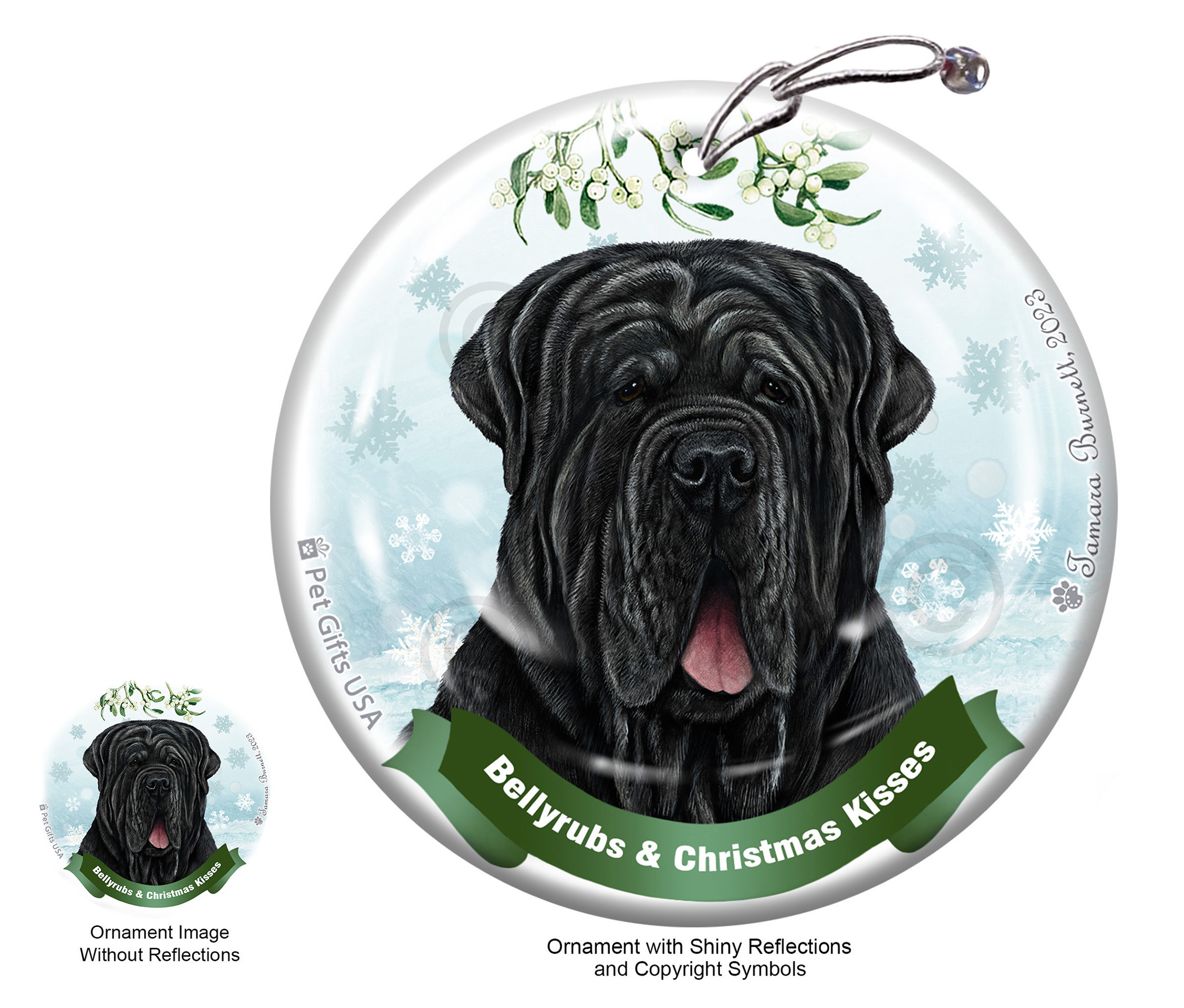 Neapolitan Mastiff Black Uncropped Belly Rubs and Christmas Kisses Ornament image