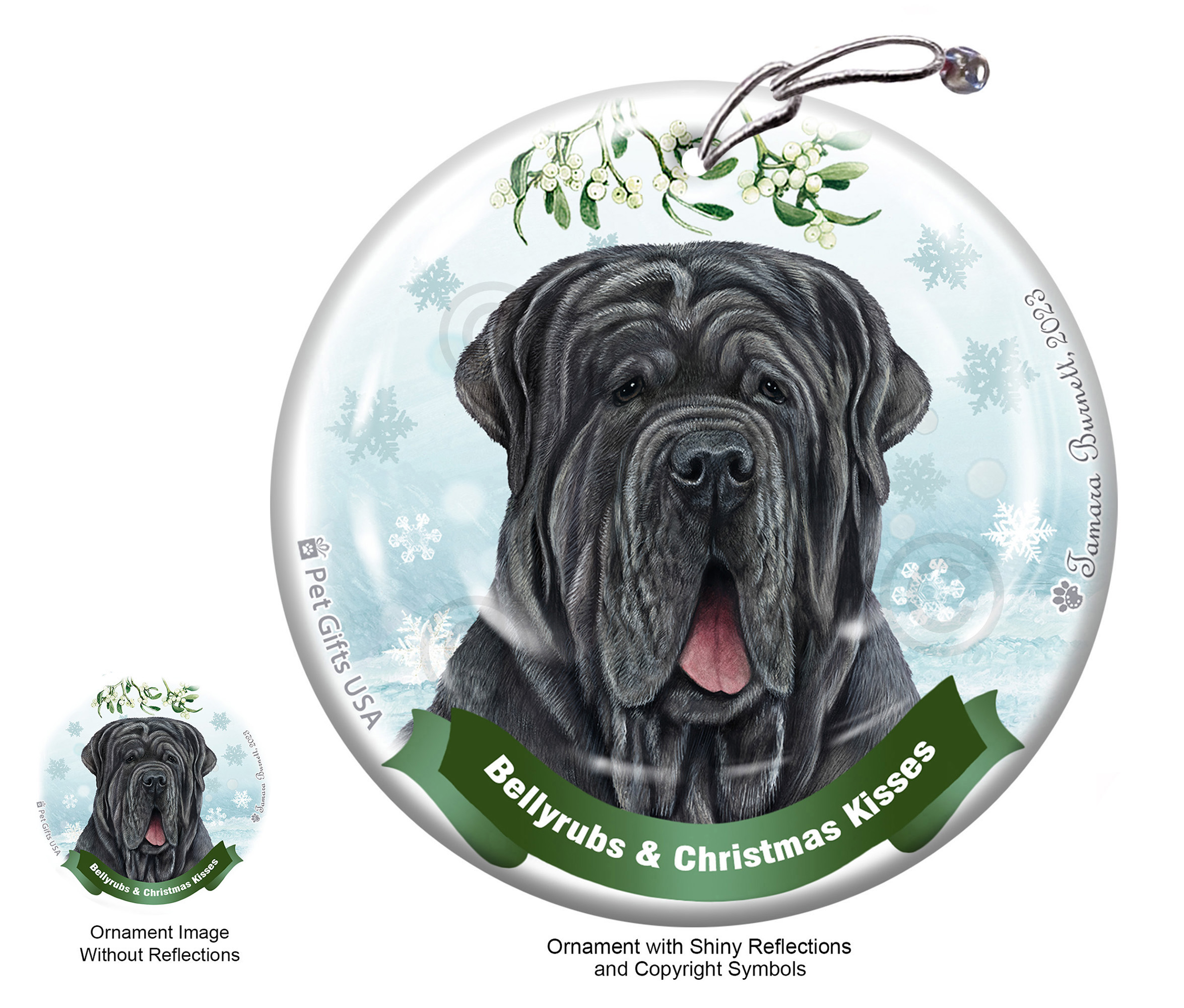 Neapolitan Mastiff Blue Uncropped Bellyrubs and Christmas Kisses Ornament image