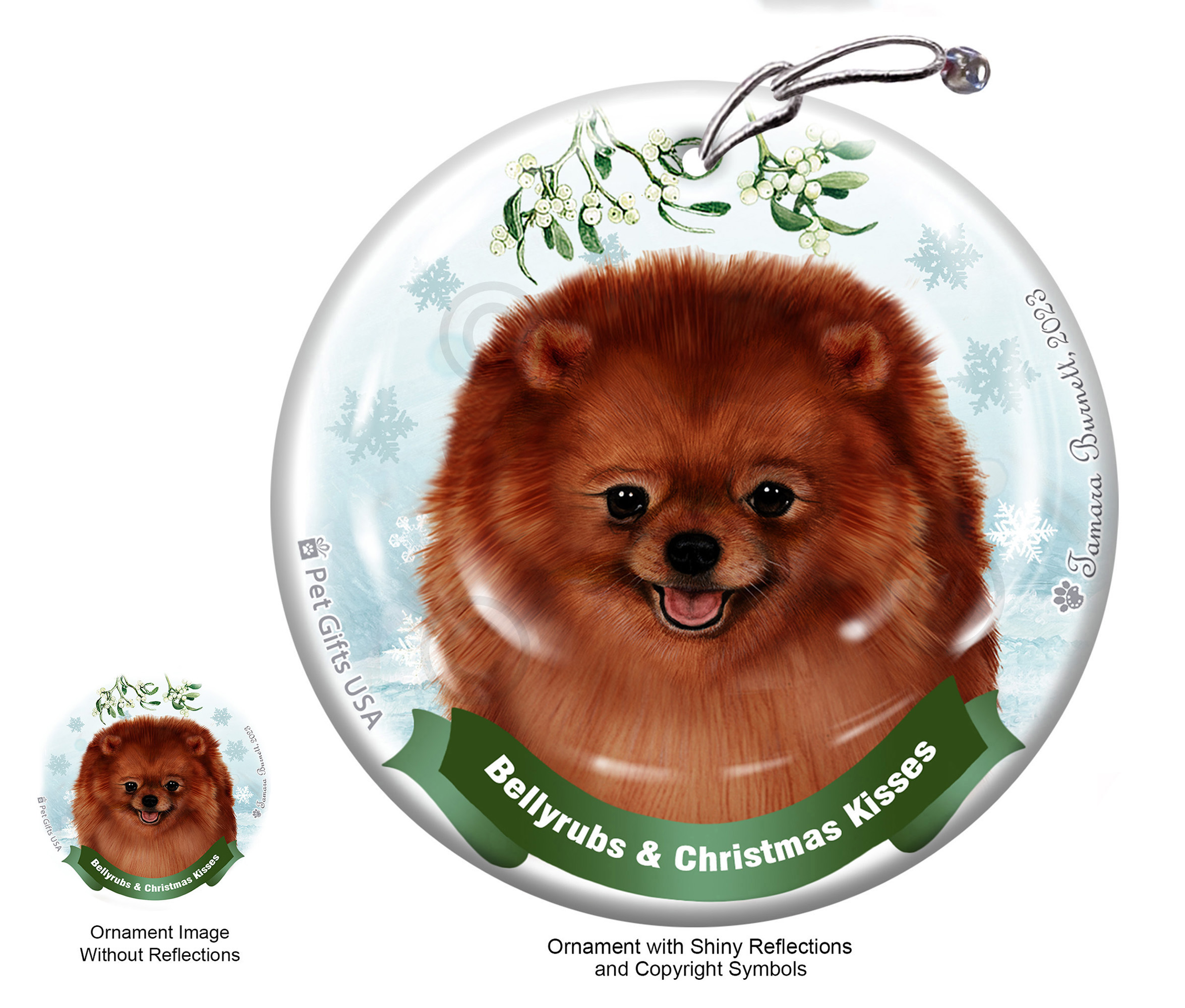 Pomeranian Red Belly Rubs and Christmas Kisses Ornament image Pomeranian Red Belly Rubs and Christmas Kisses Ornament image