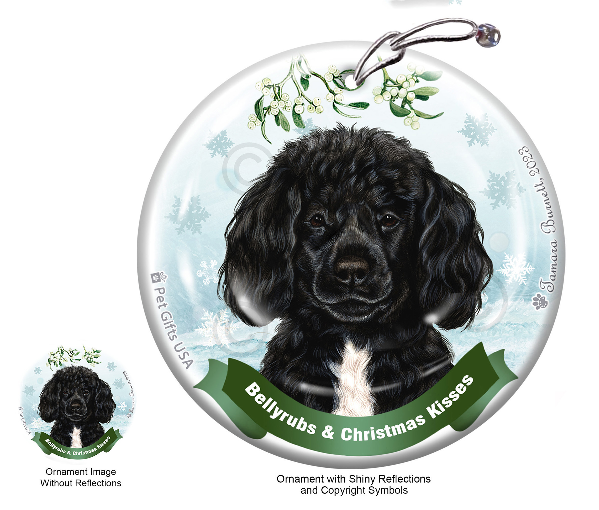 Portuguese Water Black and White Beardless Belly Rubs and Christmas Kisses Ornament image
