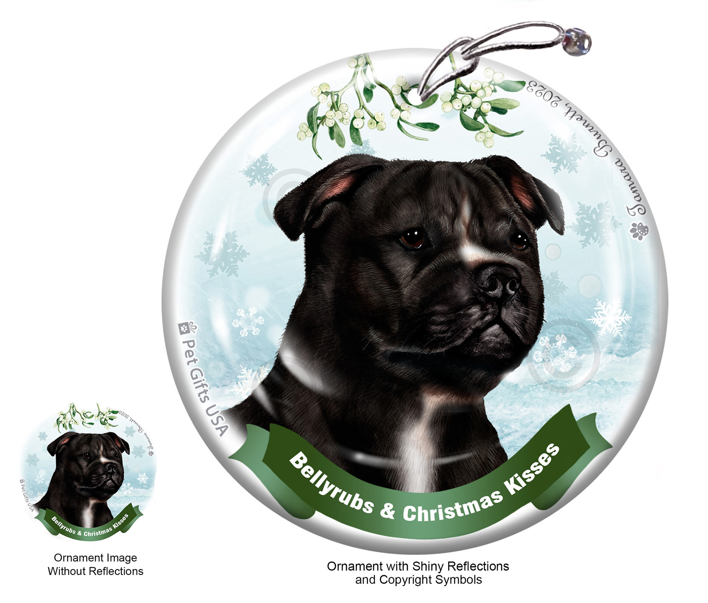 Staffordshire Terrier Black and White Belly Rubs and Christmas Kisses Ornament image